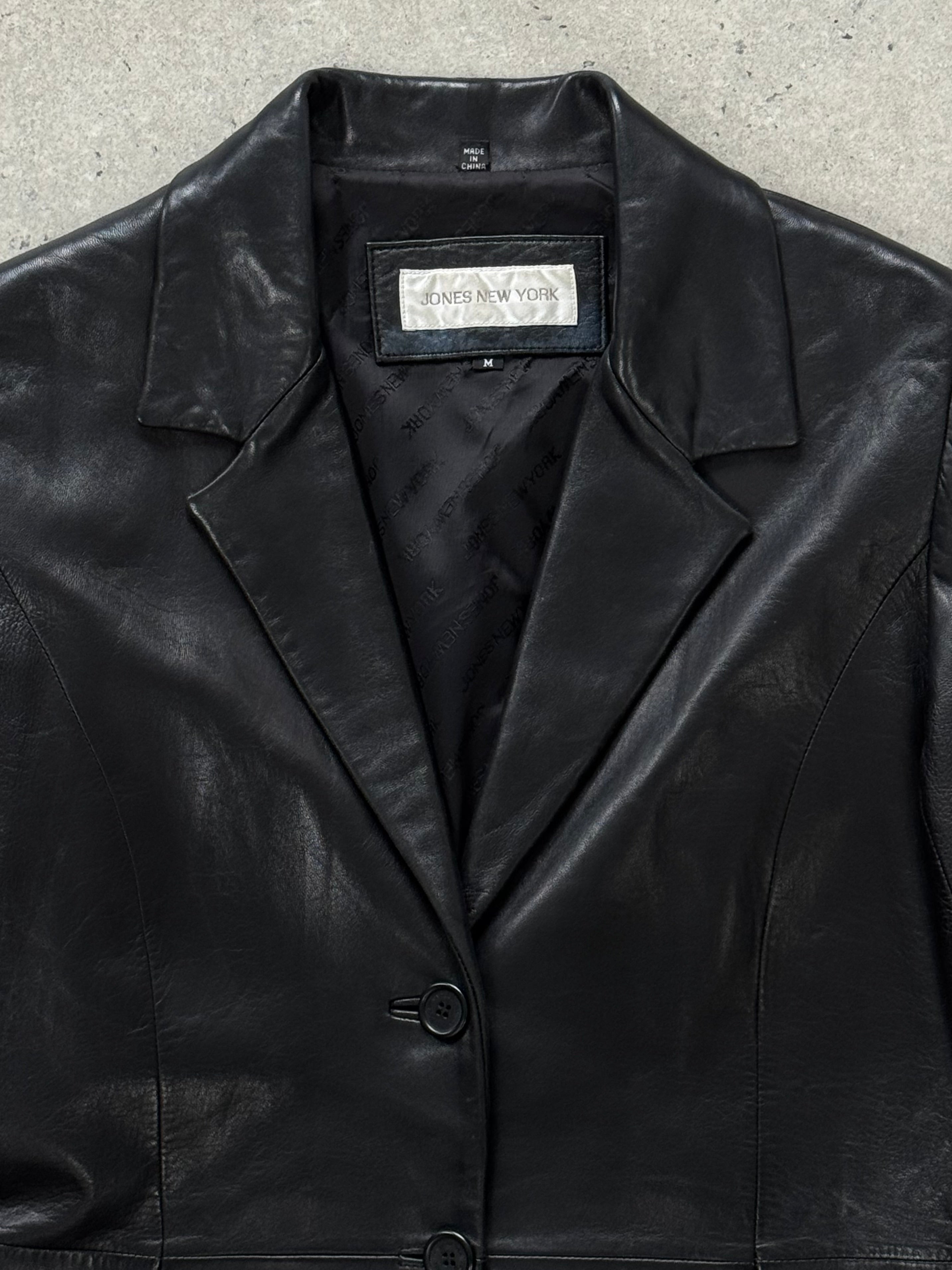 Vintage 1990s fitted leather jacket, stylish and classic, featuring a sleek design with a structured fit in black leather.