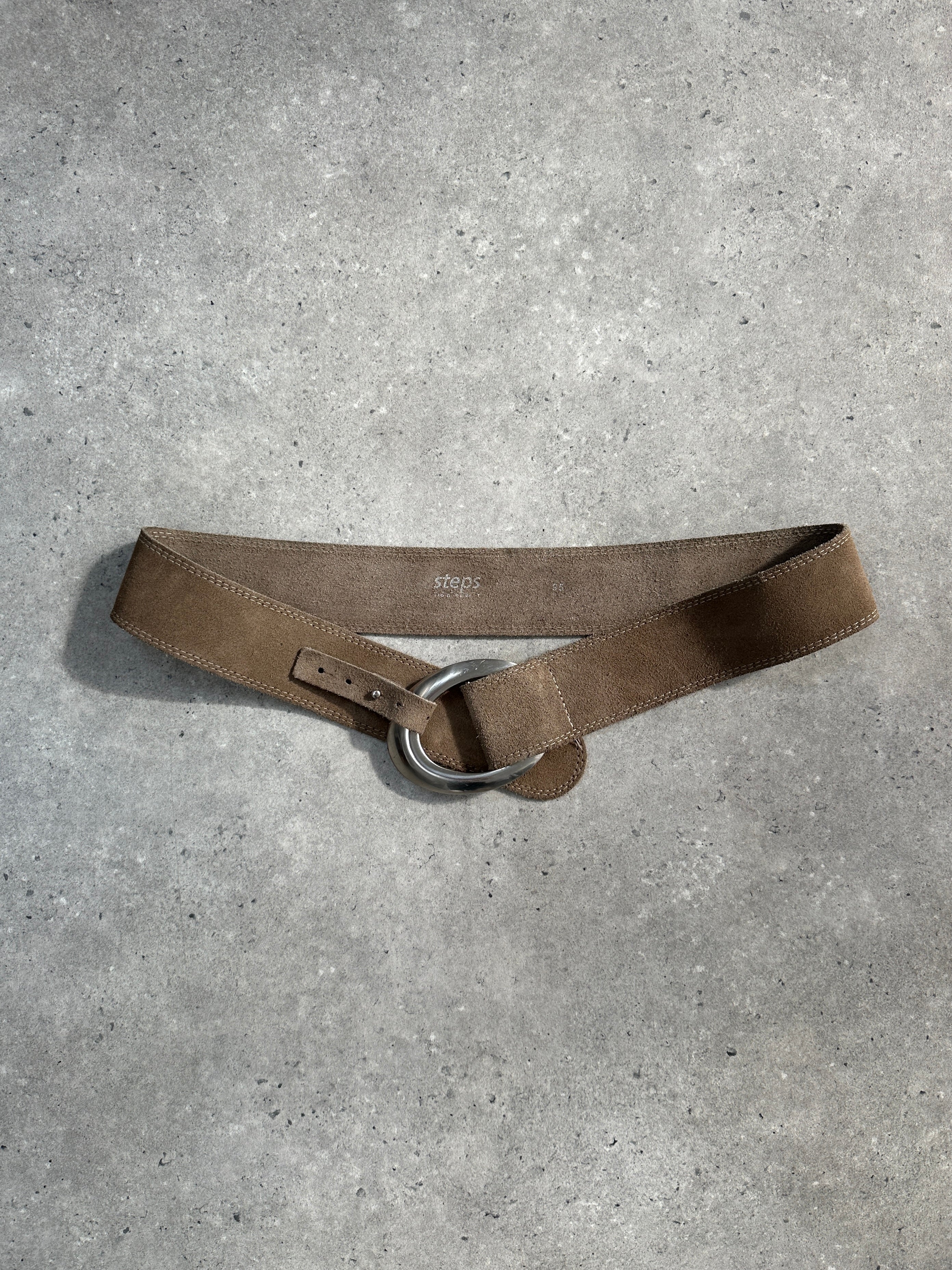 Vintage 1990s suede belt with circular buckle, adjustable W38-42, classic retro accessory with stylish design