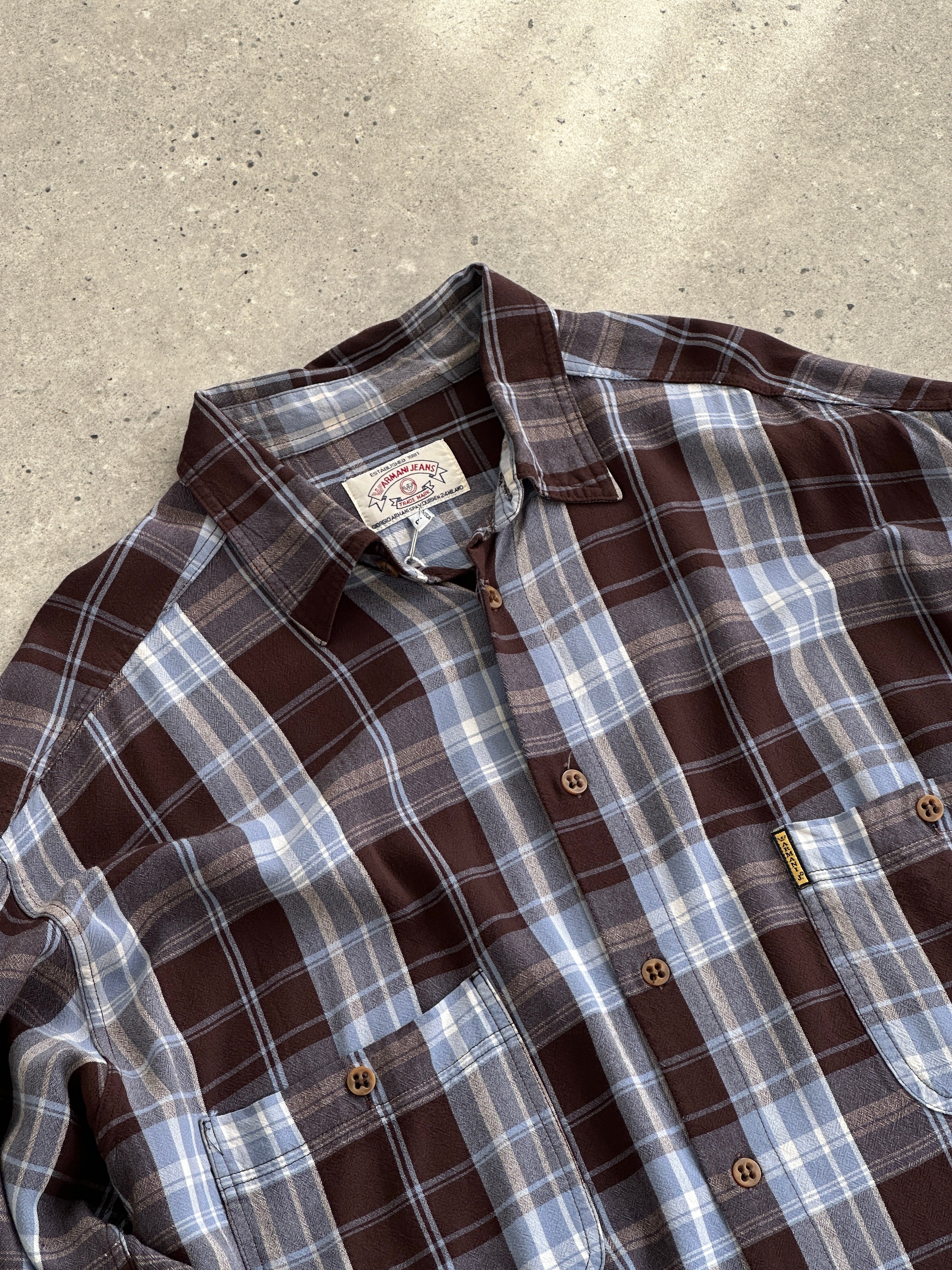 Armani Jeans 90s check flannel shirt in XXL, featuring classic plaid pattern, button-up front, and long sleeves.
