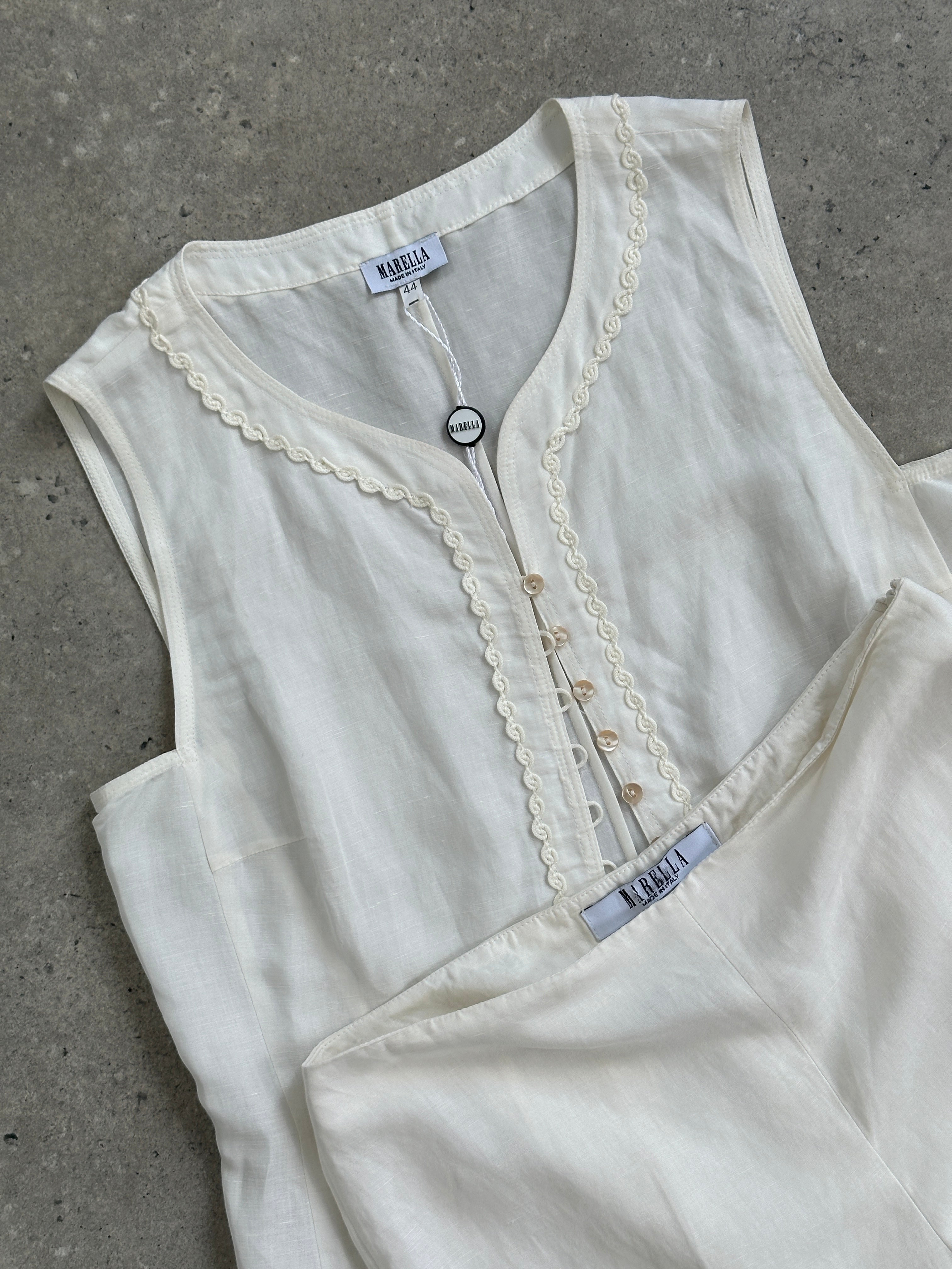 Marella linen embroidery waistcoat and trousers two-piece set in natural tones, stylish and lightweight for warm weather.