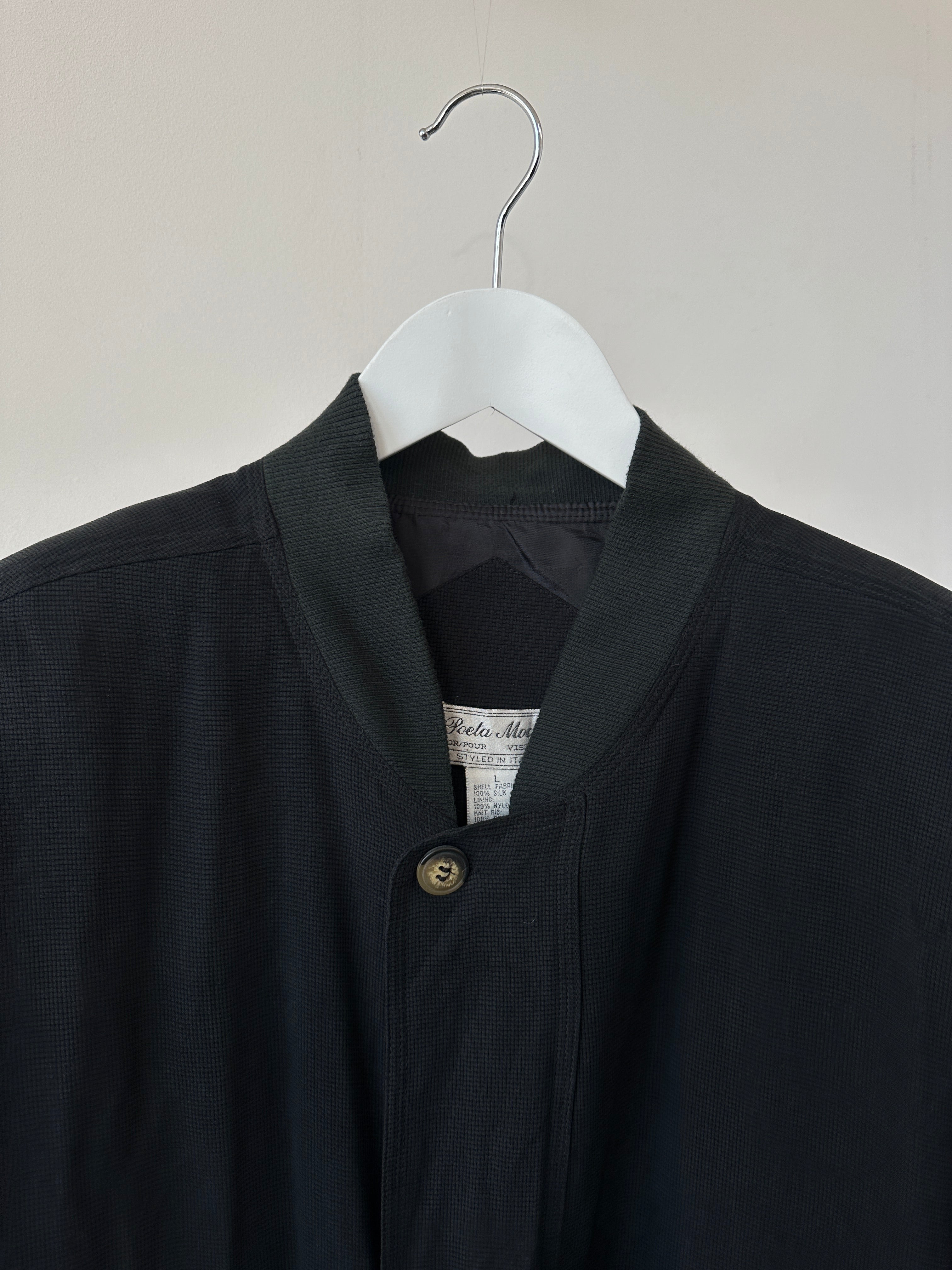 Italian vintage pure silk bomber jacket in size L, featuring a classic design with smooth silk fabric and stylish details.