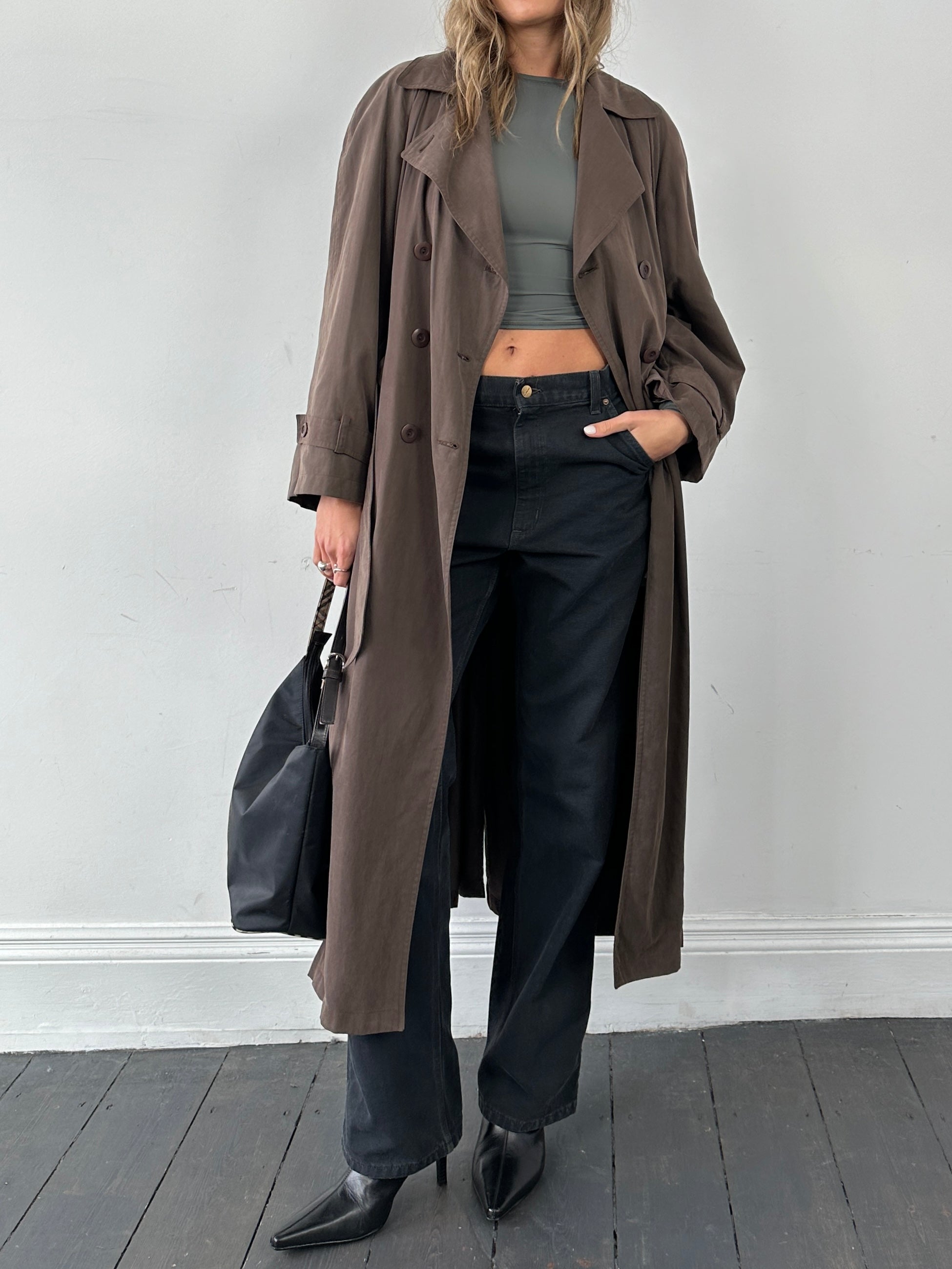 Marella double-breasted belted soft touch trench coat in beige, featuring classic lapels and a tailored fit.