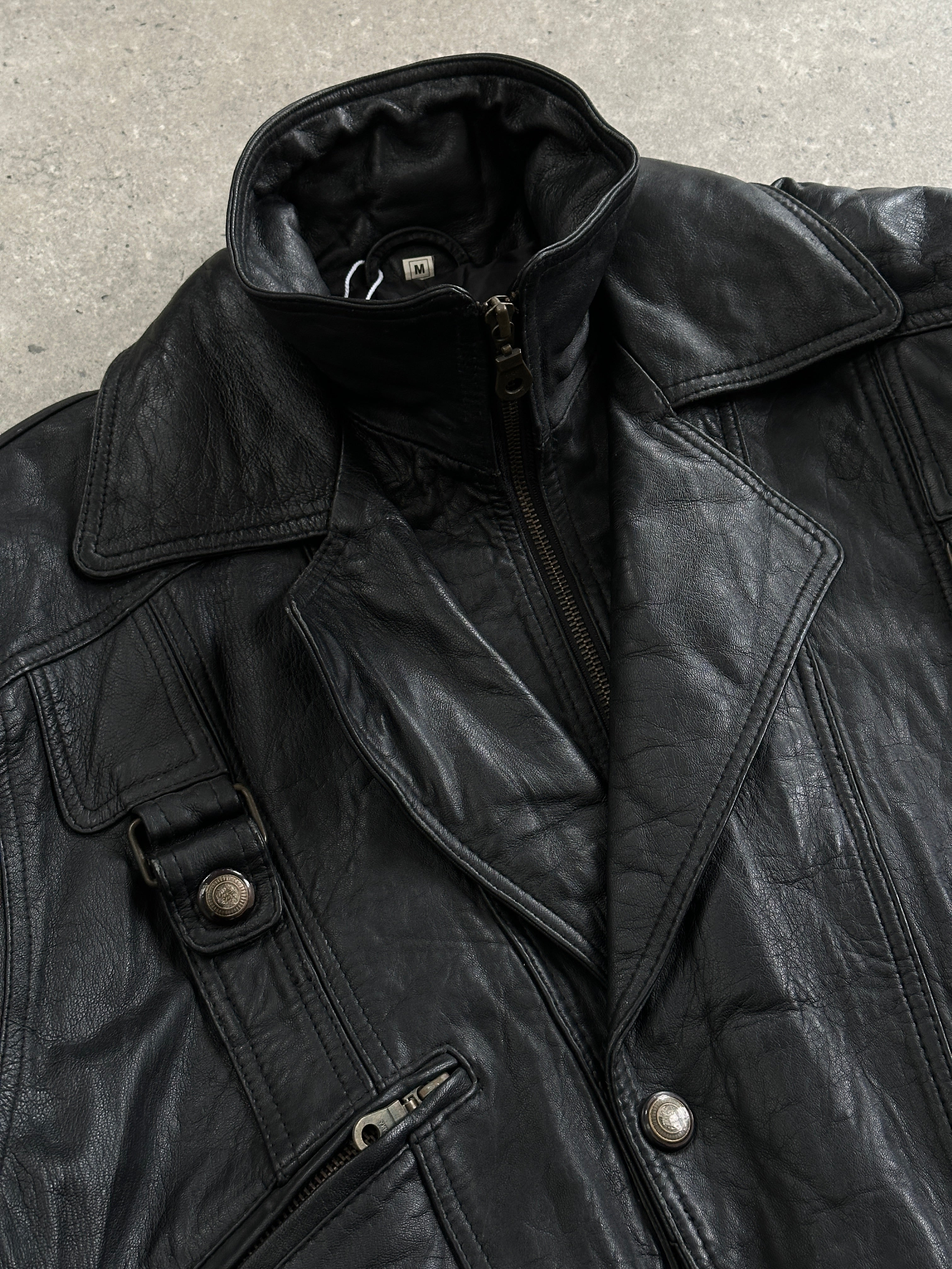 Vintage 1990s high neck leather bomber jacket in size M, black leather with classic design and zipper details.