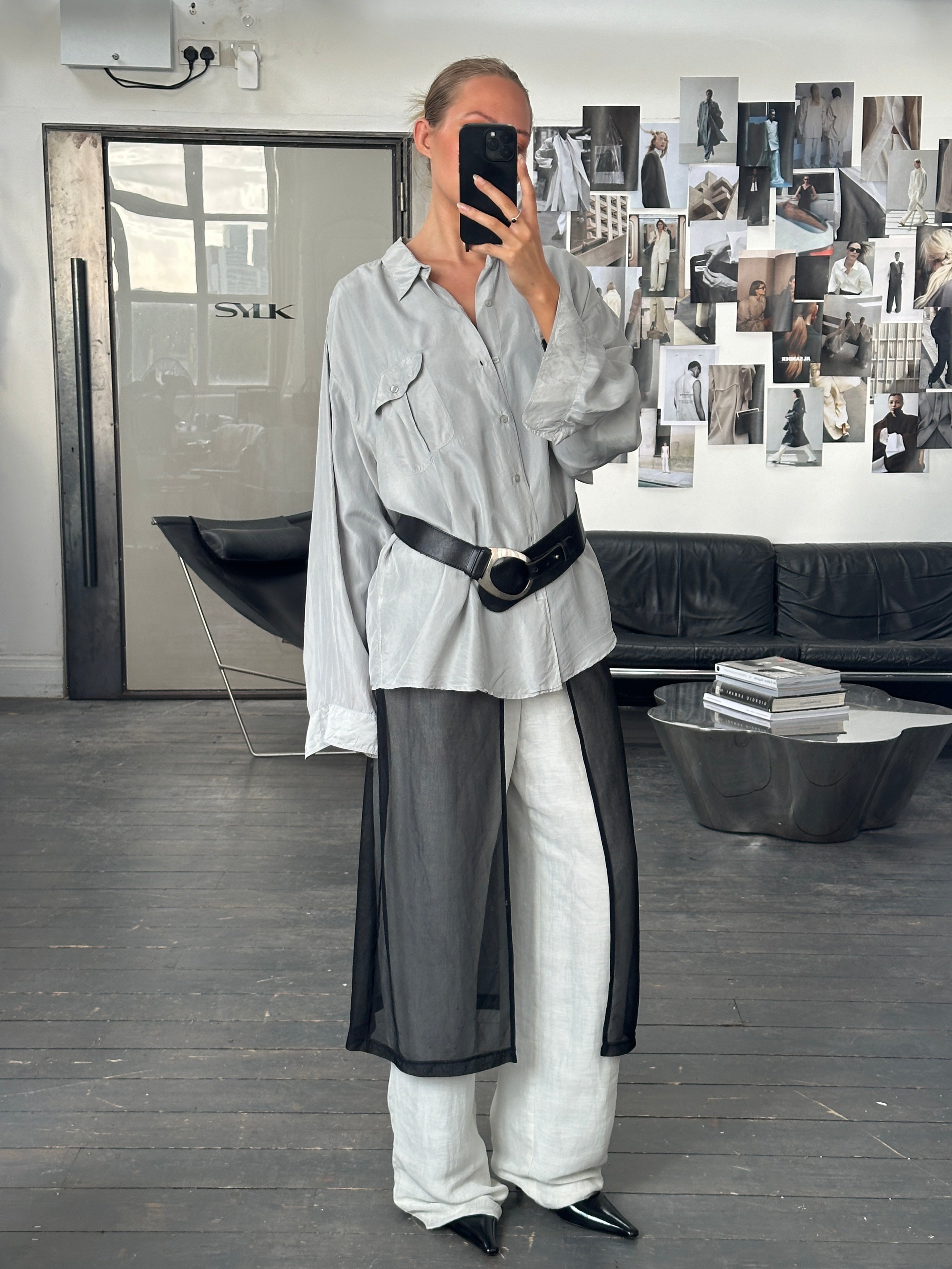 Vintage 1990s relaxed pure silk shirt in XL size, featuring a soft drape and classic design, displayed on a hanger.