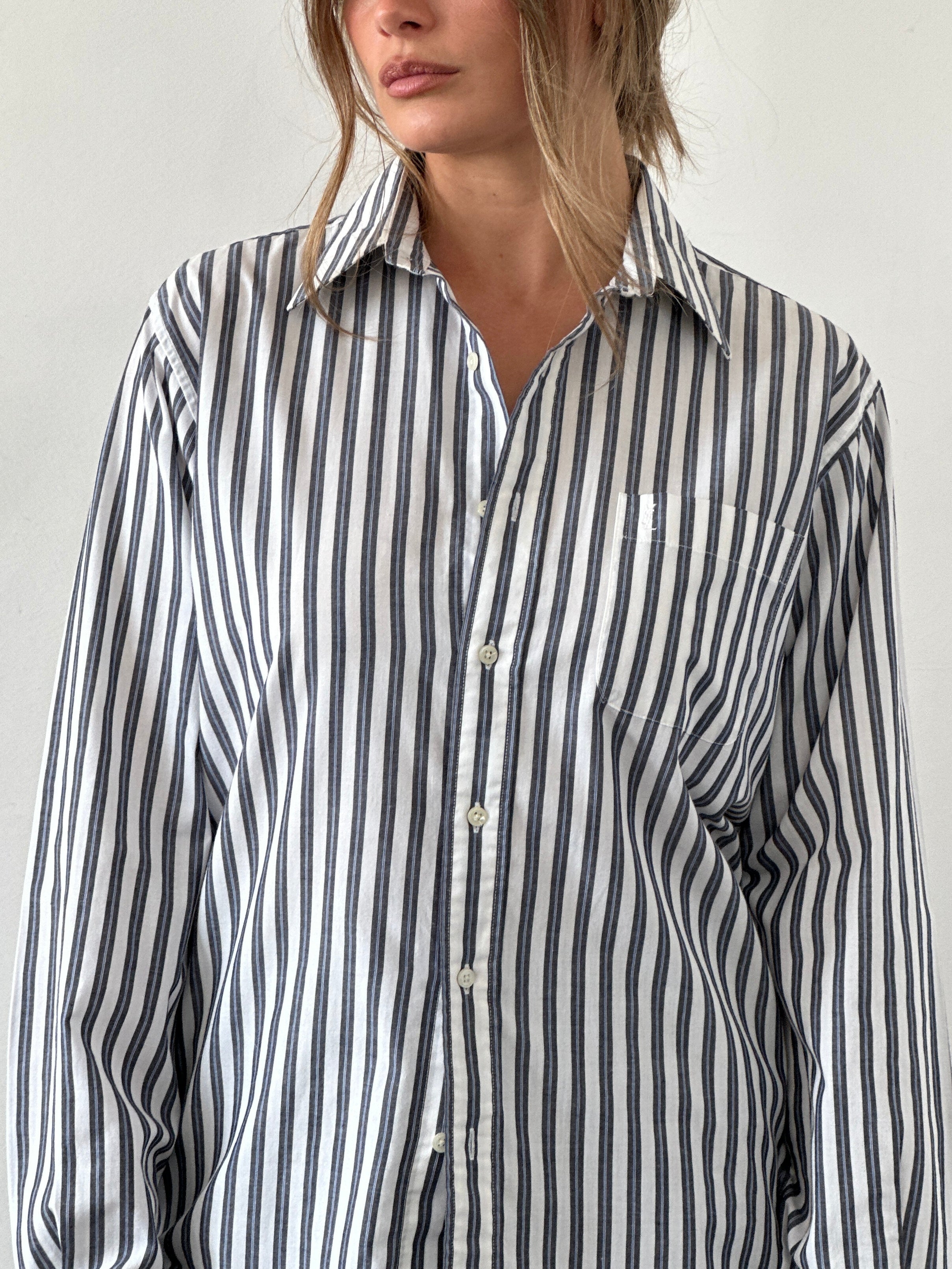 Yves Saint Laurent Pour Homme cotton shirt with blue and white stripes and logo, men's size M, casual button-up style.