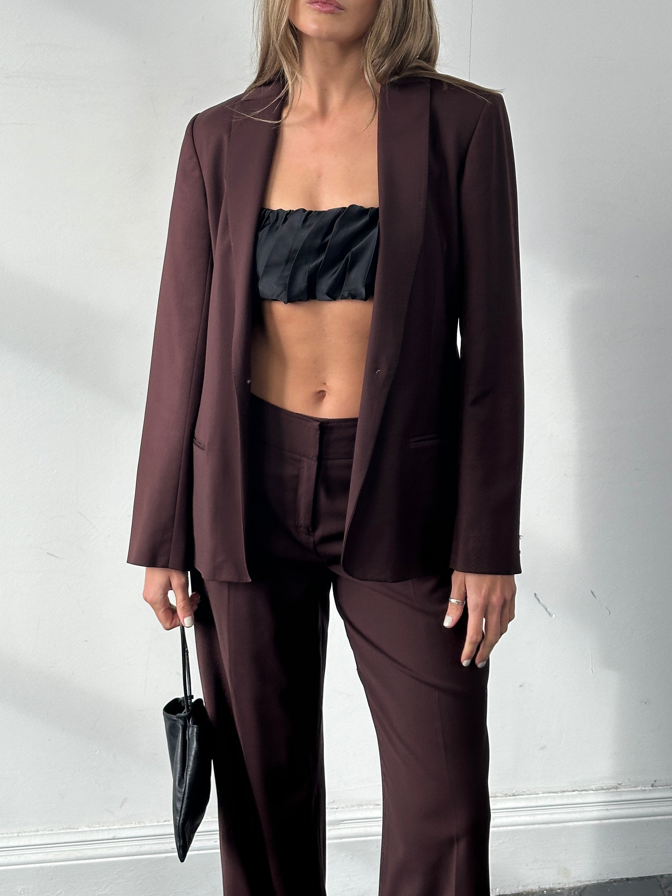 Max Studio wool wide-leg jumpsuit with single-breasted blazer, tailored fit, and full-length trousers in neutral tones.