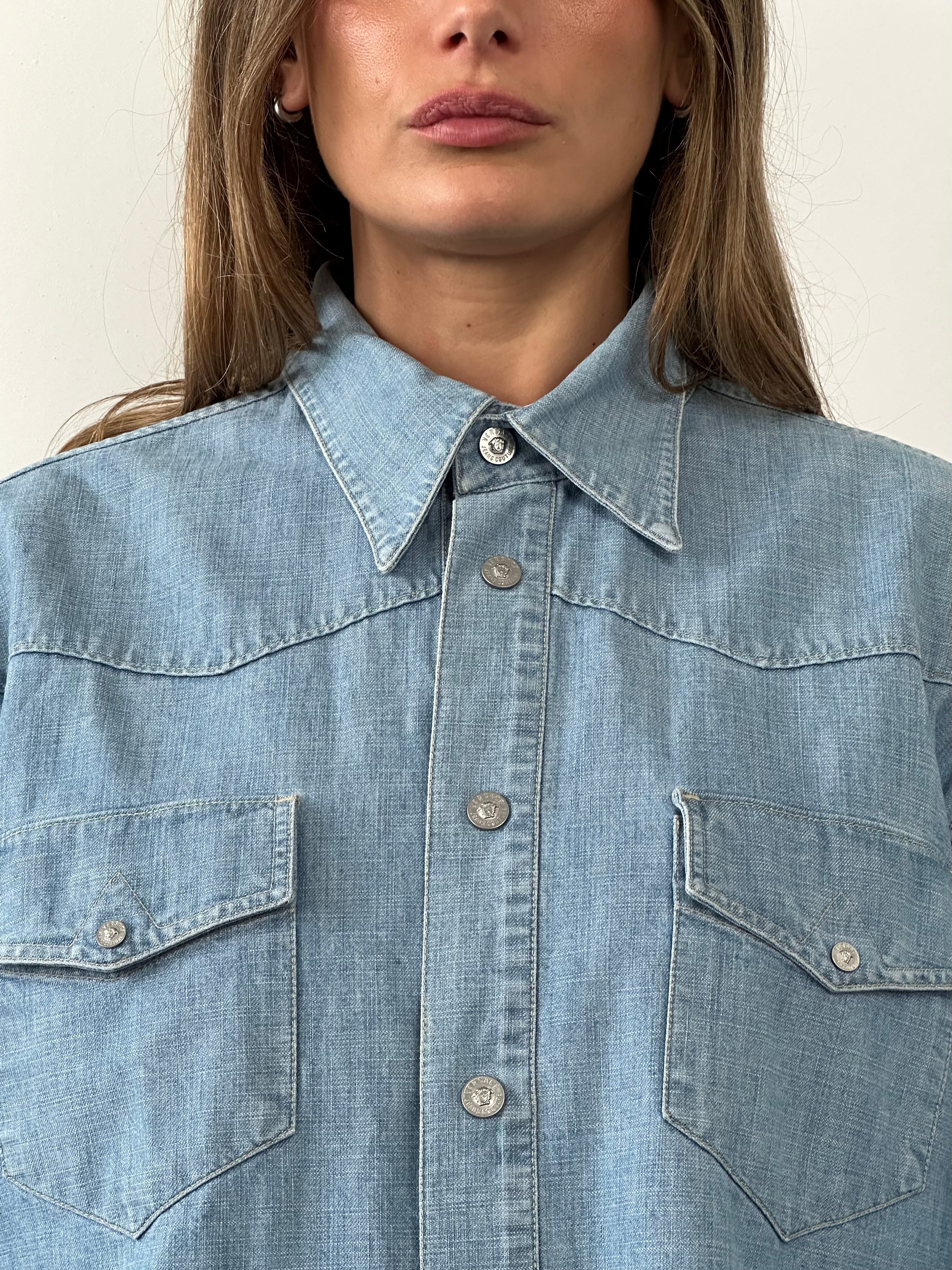 Versace Medusa button denim shirt in XL/XXL, featuring classic blue denim with Medusa logo buttons, casual style, front chest pocket