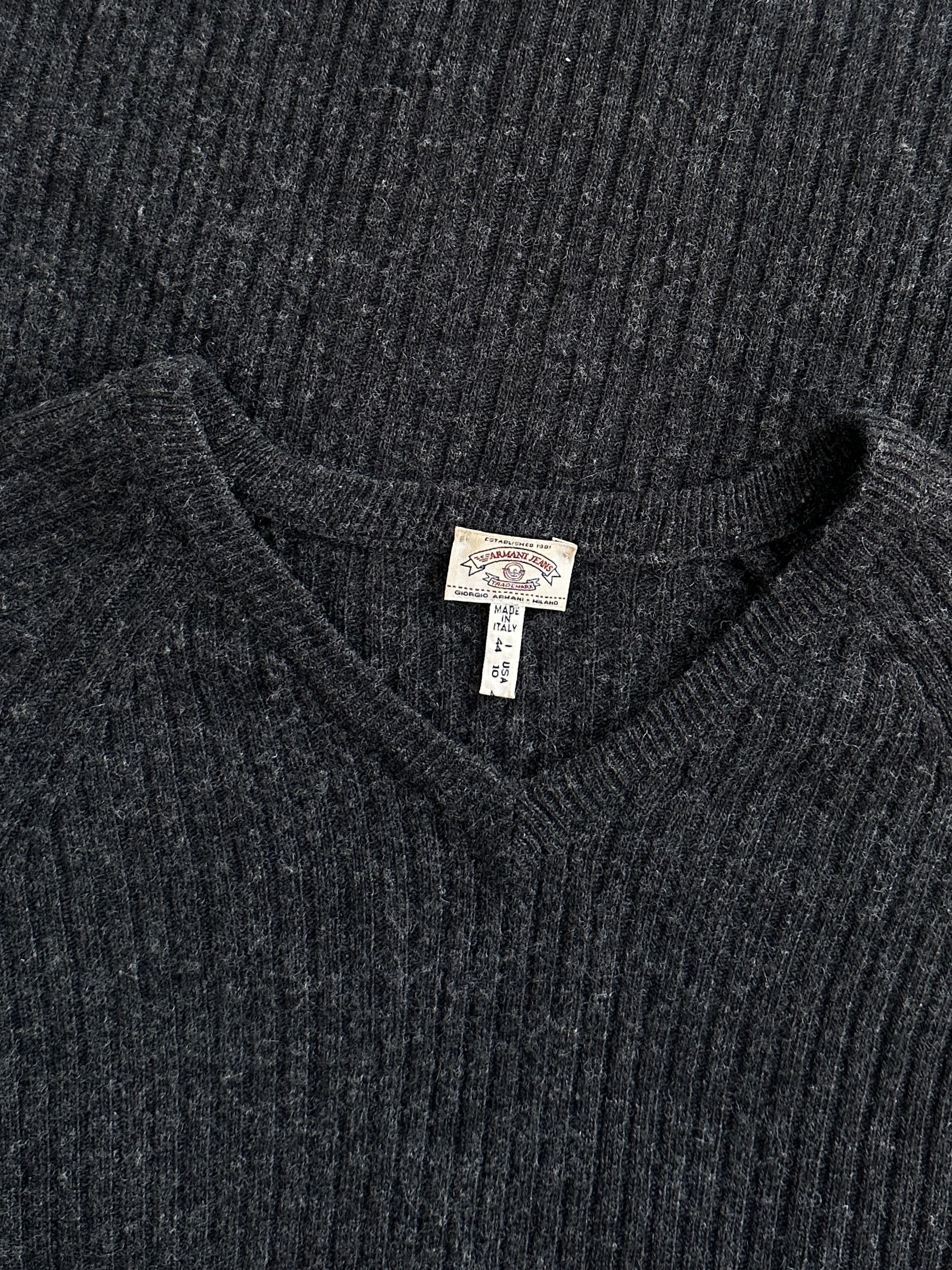 Armani Jeans wool cashmere V-neck lightweight jumper in gray, displayed flat with smooth fabric and ribbed detailing.