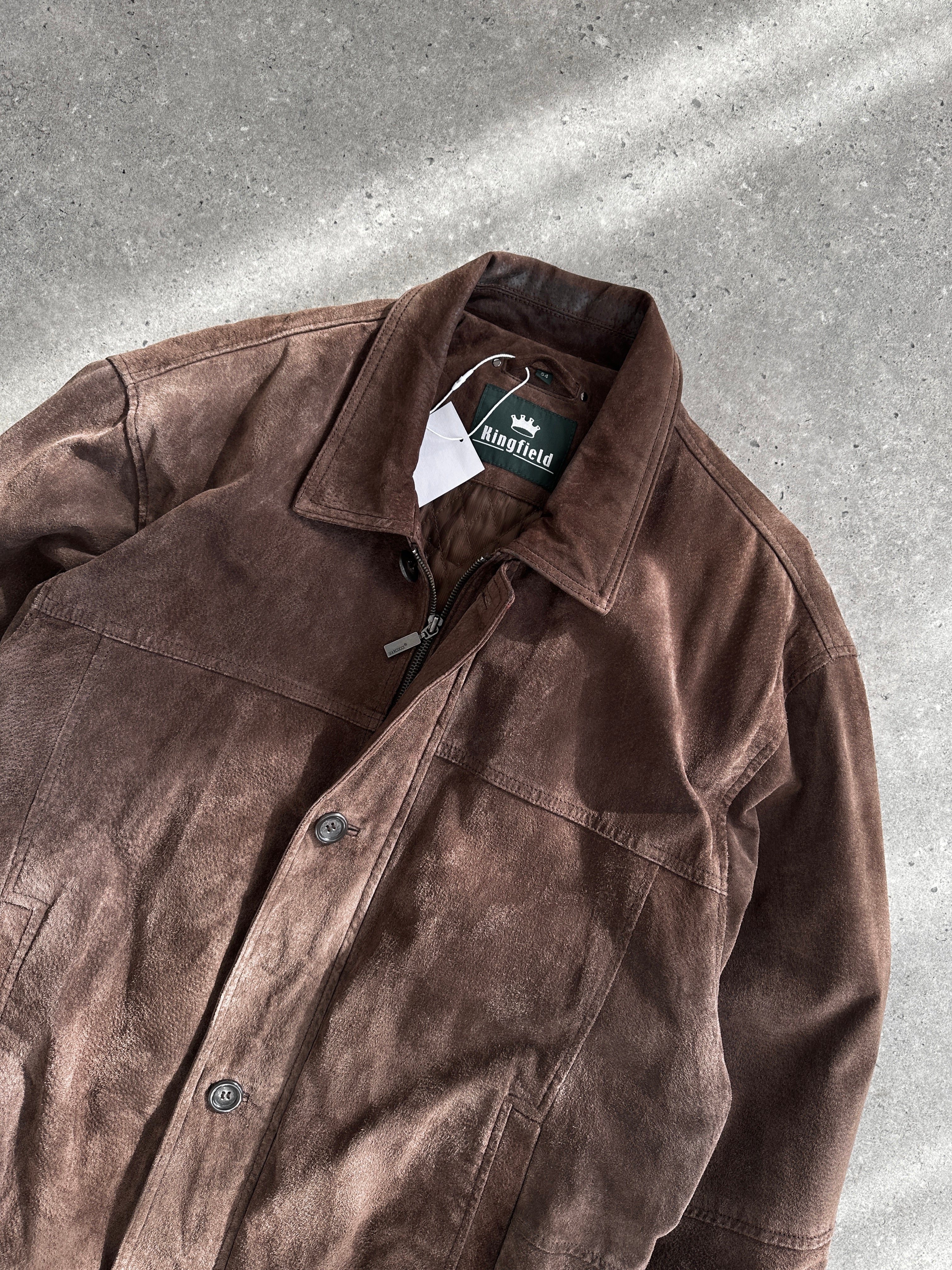 Vintage suede leather bomber jacket in size large, featuring classic design and durable construction.