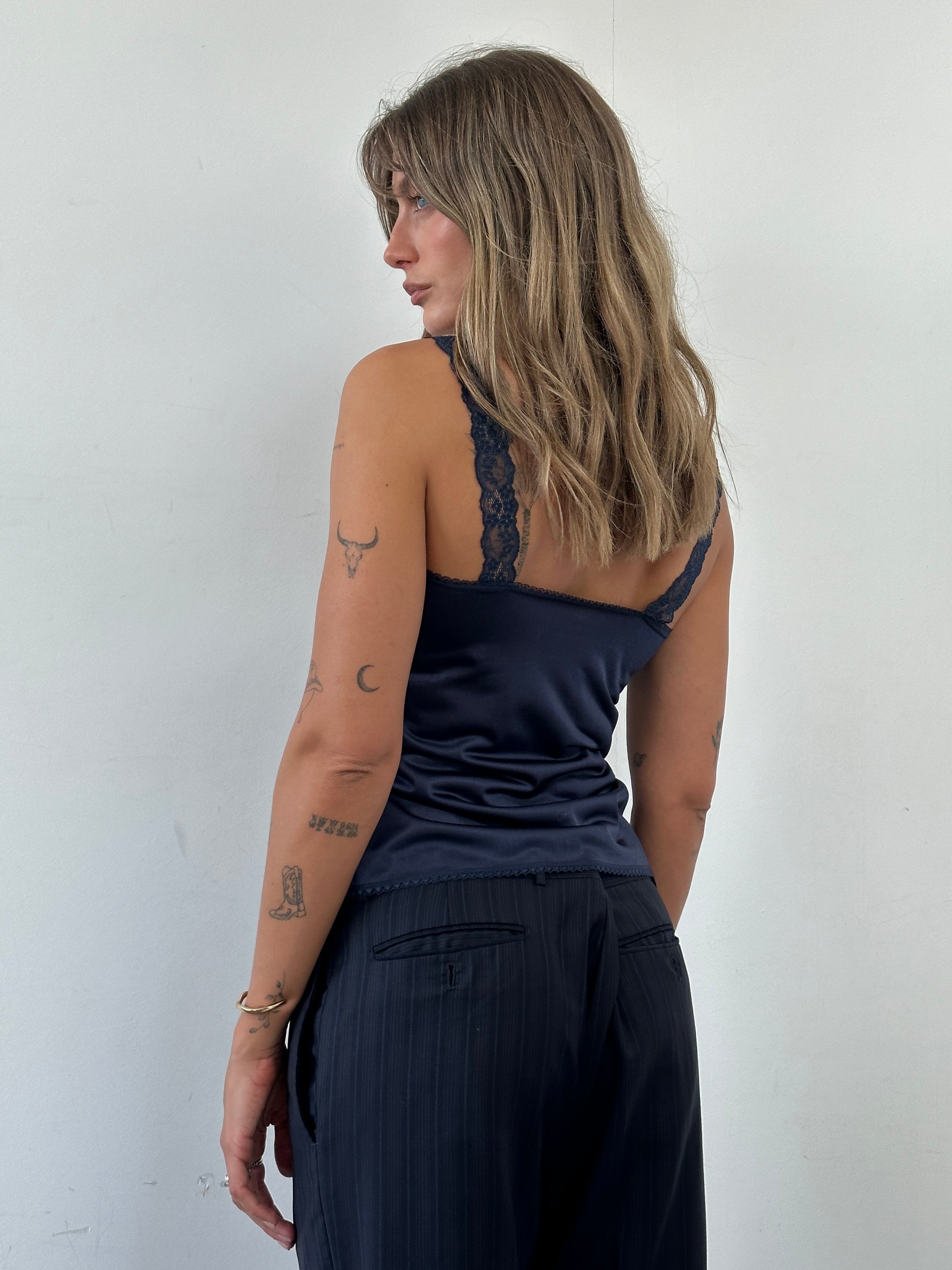 St Michael 90s satin lace cami top in XS, featuring delicate lace details and a satin finish, ideal for stylish casual wear.
