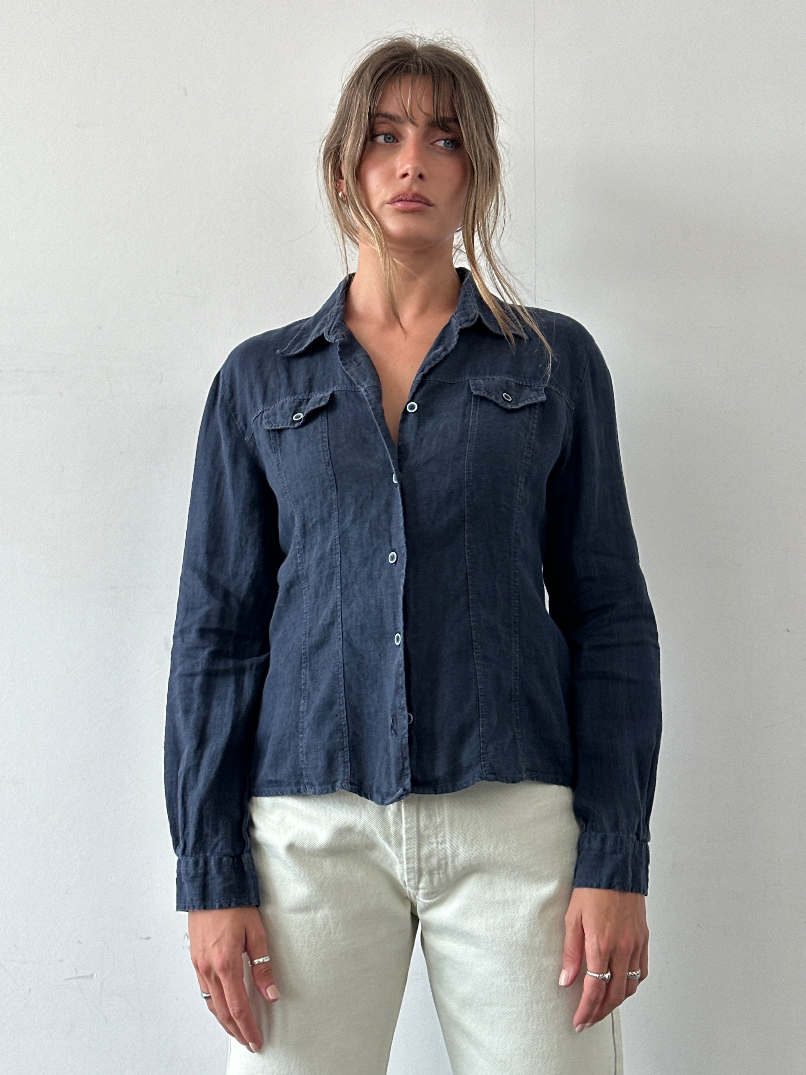 Armani Jeans pure linen fitted shirt in light color, men's size M, showing collar, buttons, and tailored fit