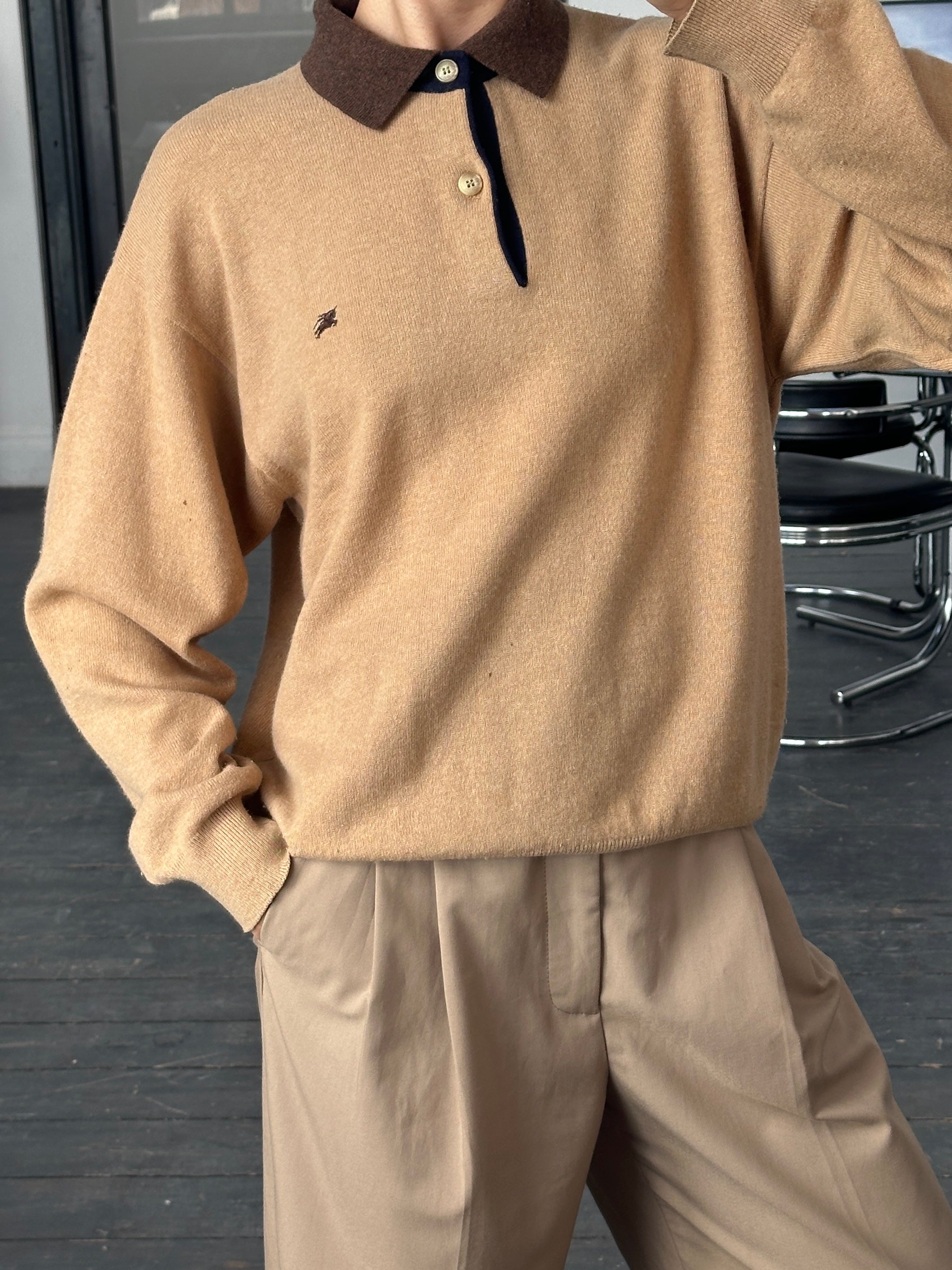 Burberry 1990s wool polo jumper with contrast collar, medium/large size, classic British design, displayed on a neutral background.