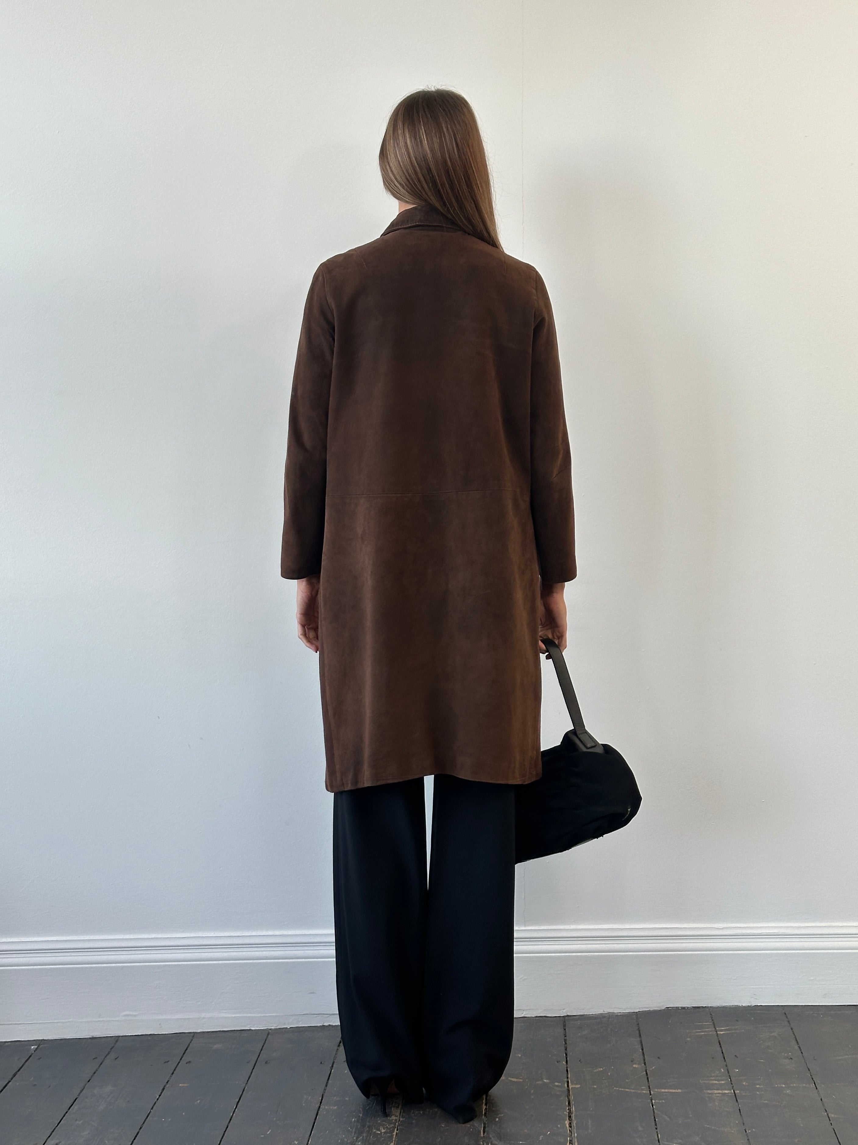 Pierre Balmain 1980s suede alligator trench coat, men's size S/M, classic tailored jacket with luxurious details and vintage style.