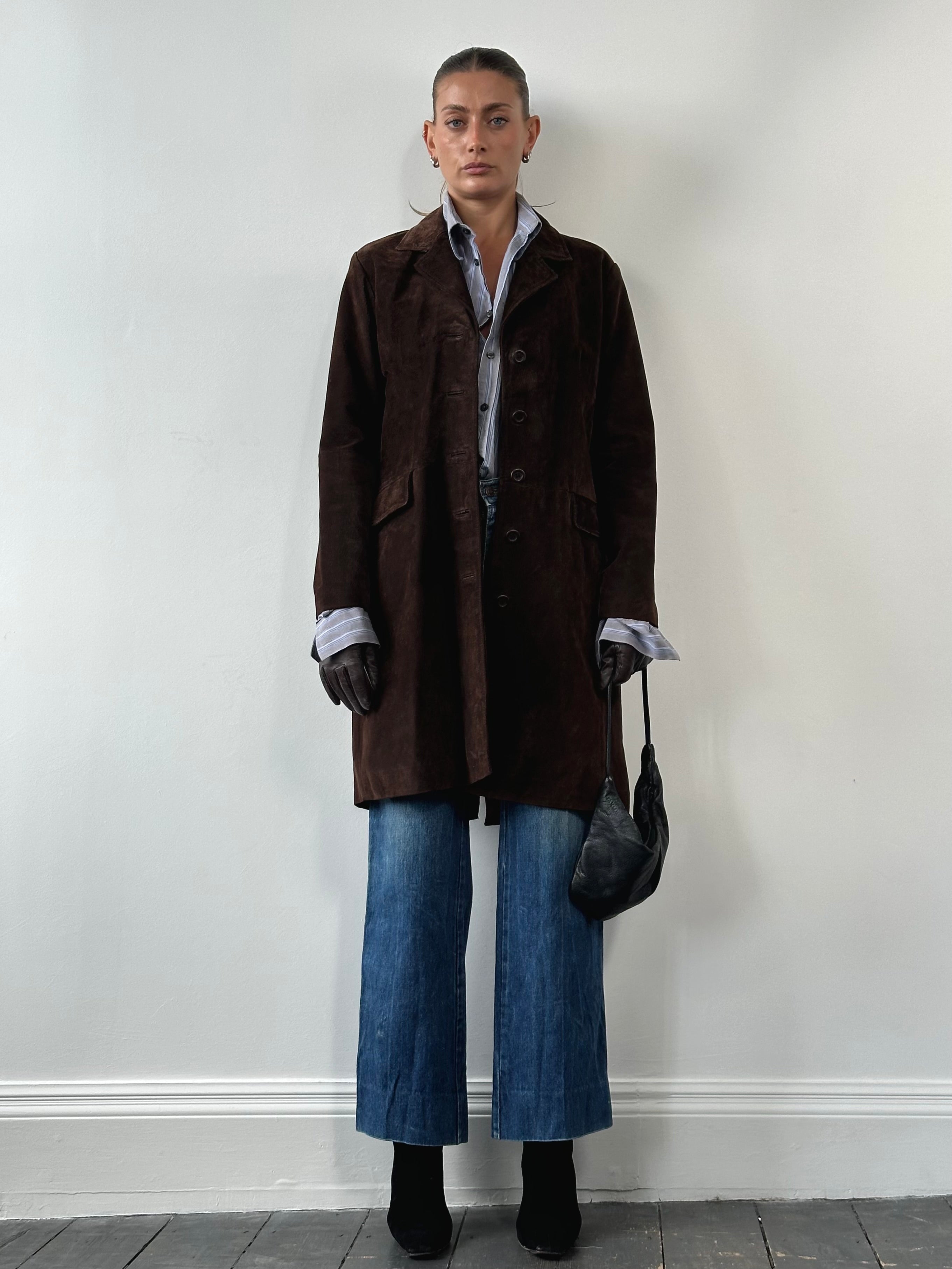 Vintage suede trench coat in size large, stylish jacket with classic design and soft suede texture, perfect for a timeless look.