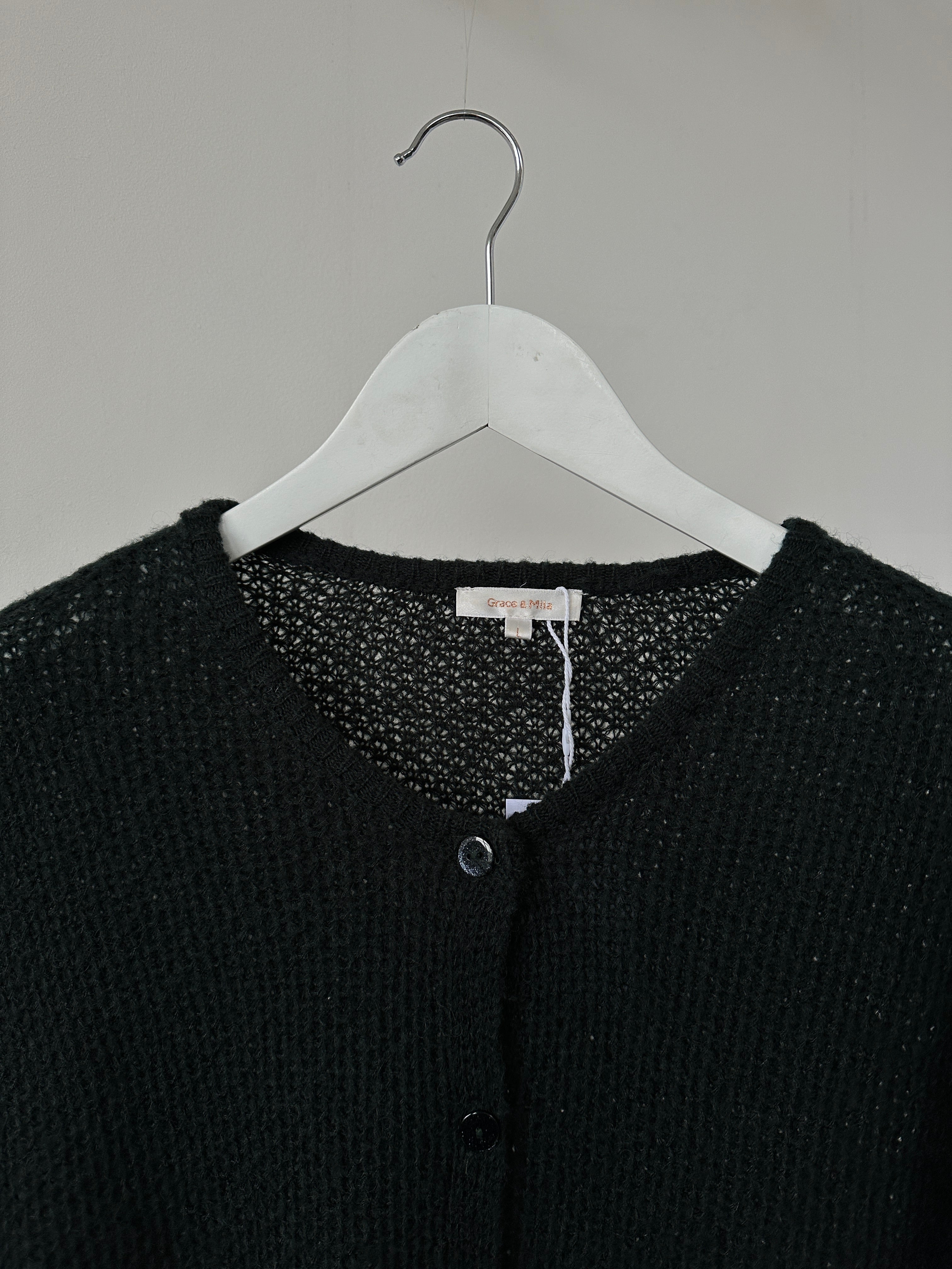 Grace & Mila wool mohair knitted cardigan in size L, featuring a cozy, textured design with a button-up front and long sleeves.