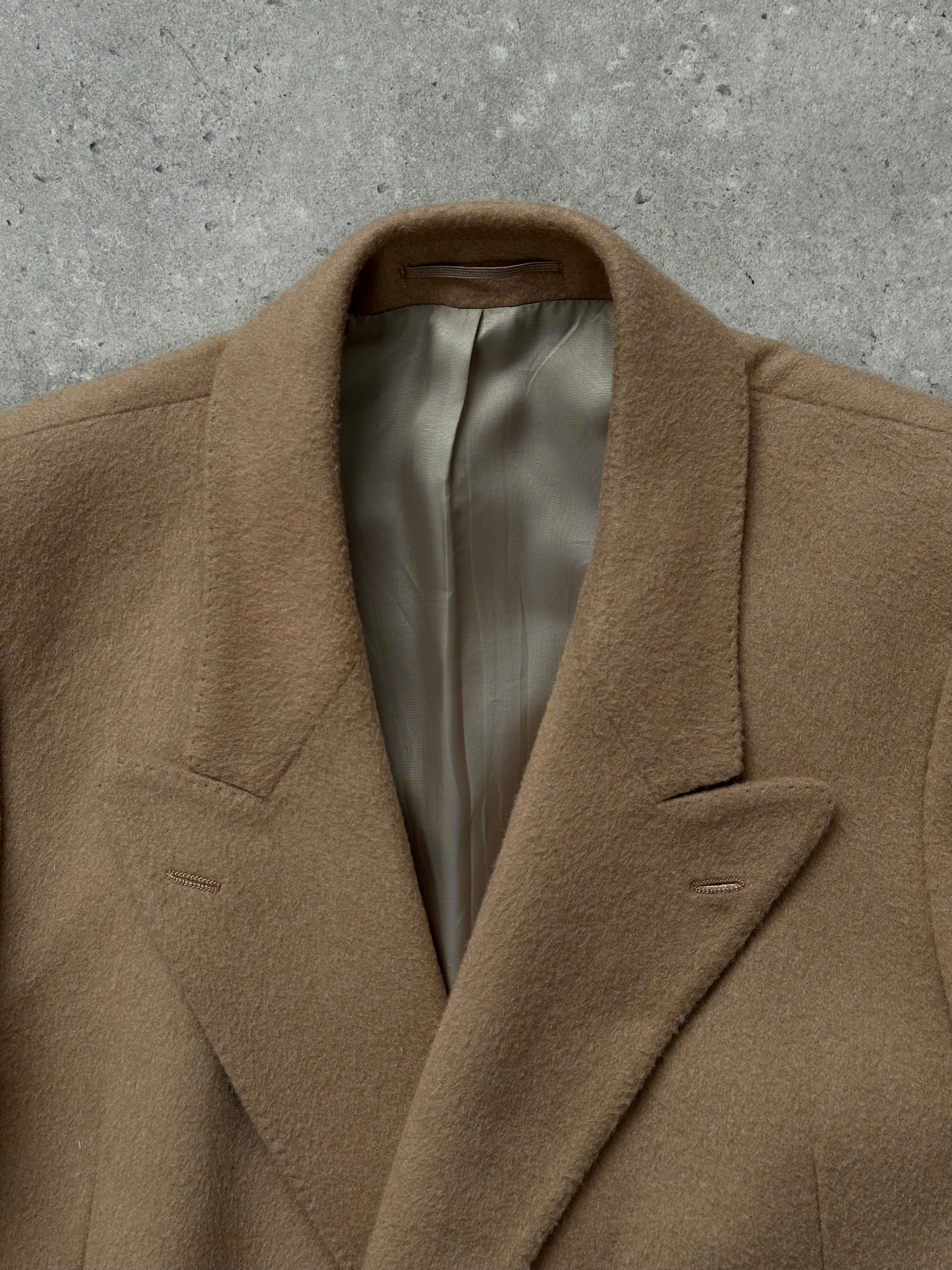 Vintage 1990s wool double-breasted high neck coat in size large, featuring classic design and warm, textured fabric.