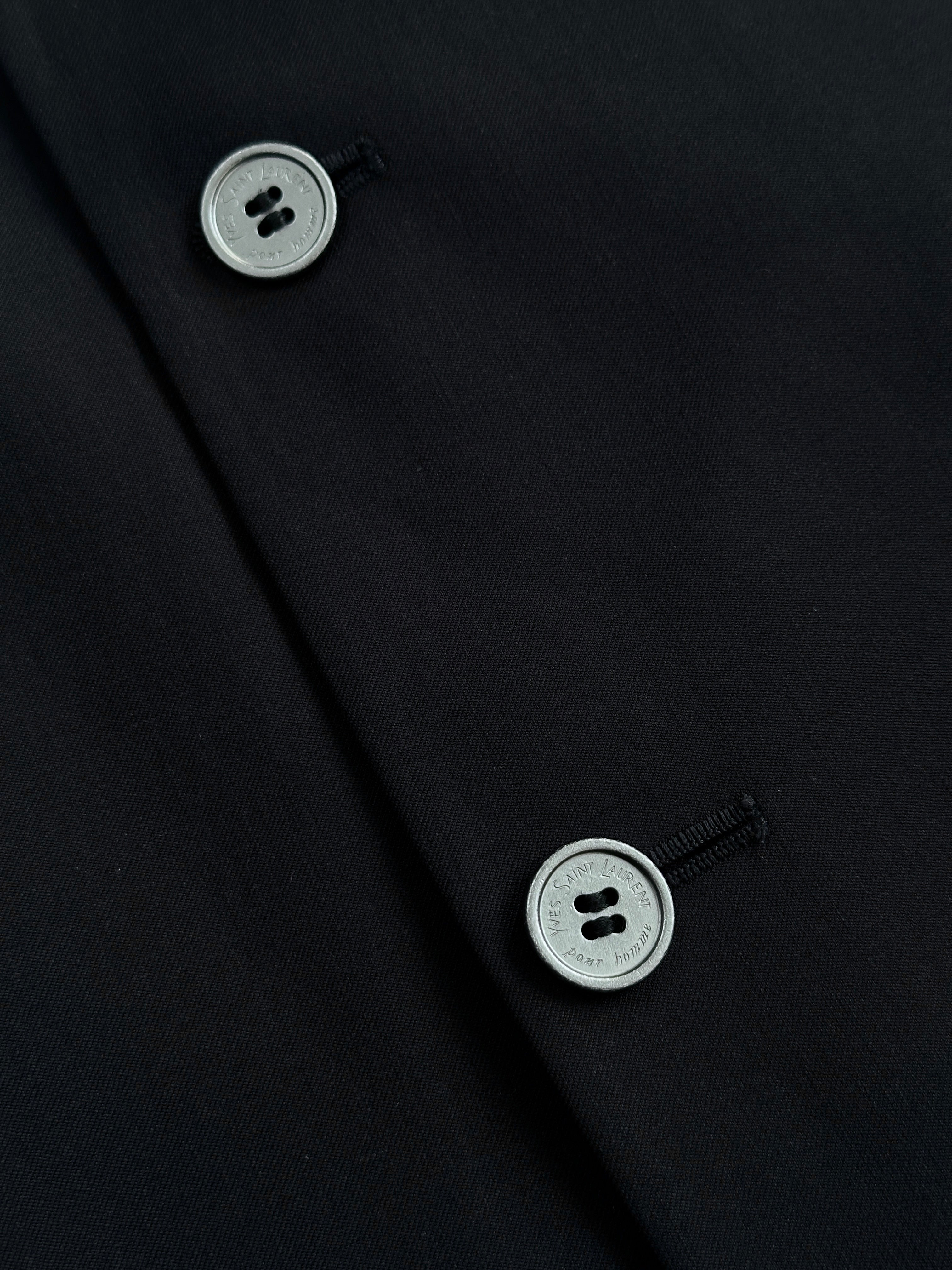 Yves Saint Laurent Pour Homme 1990s bespoke wool blazer, 42R/XL, with tailored buttons and classic design, shown on a hanger.