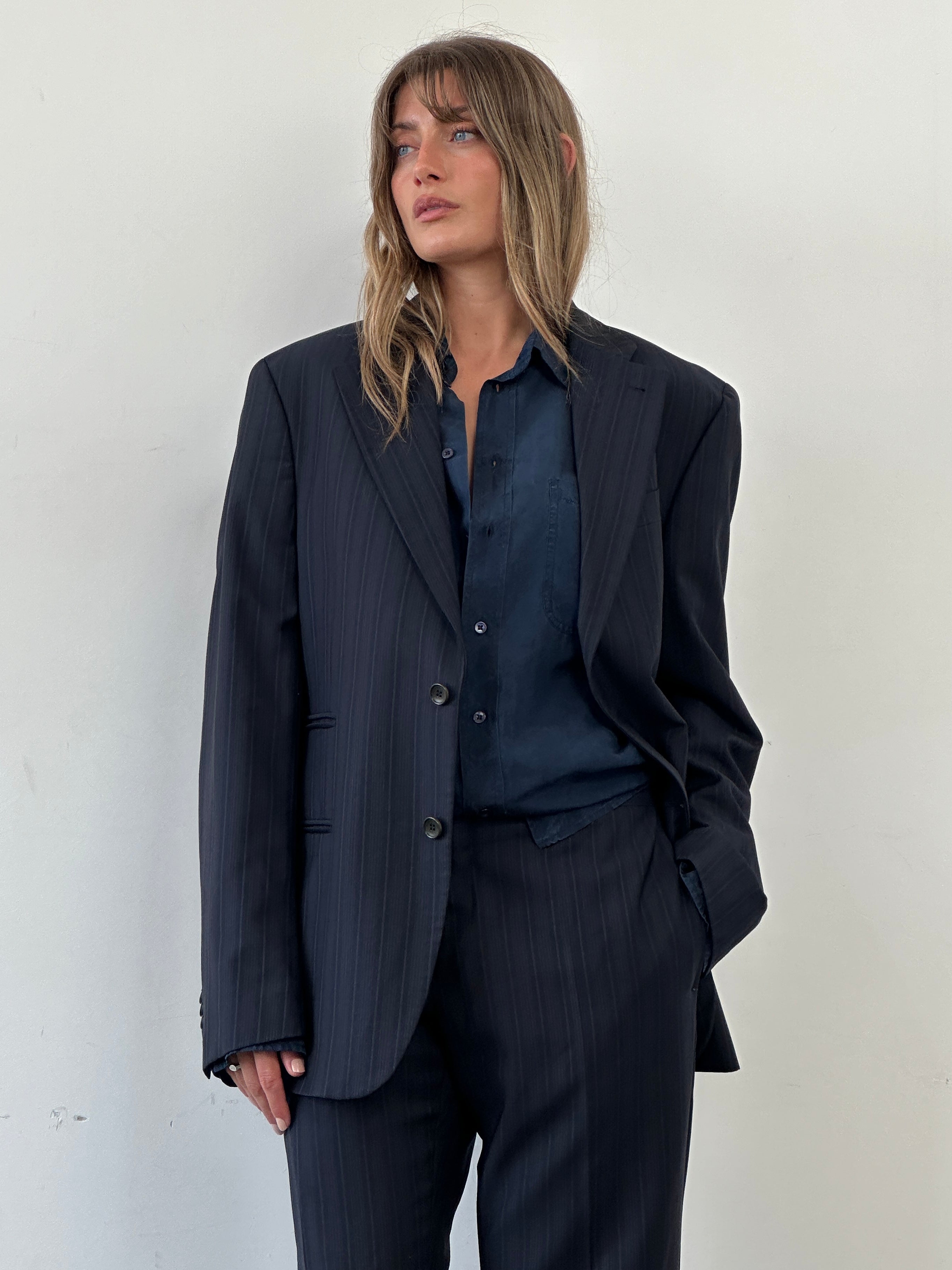 Daniele Alessandrini pure wool single-breasted suit jumpsuit in size 42R/W34, tailored fit with lapel collar and front buttons.