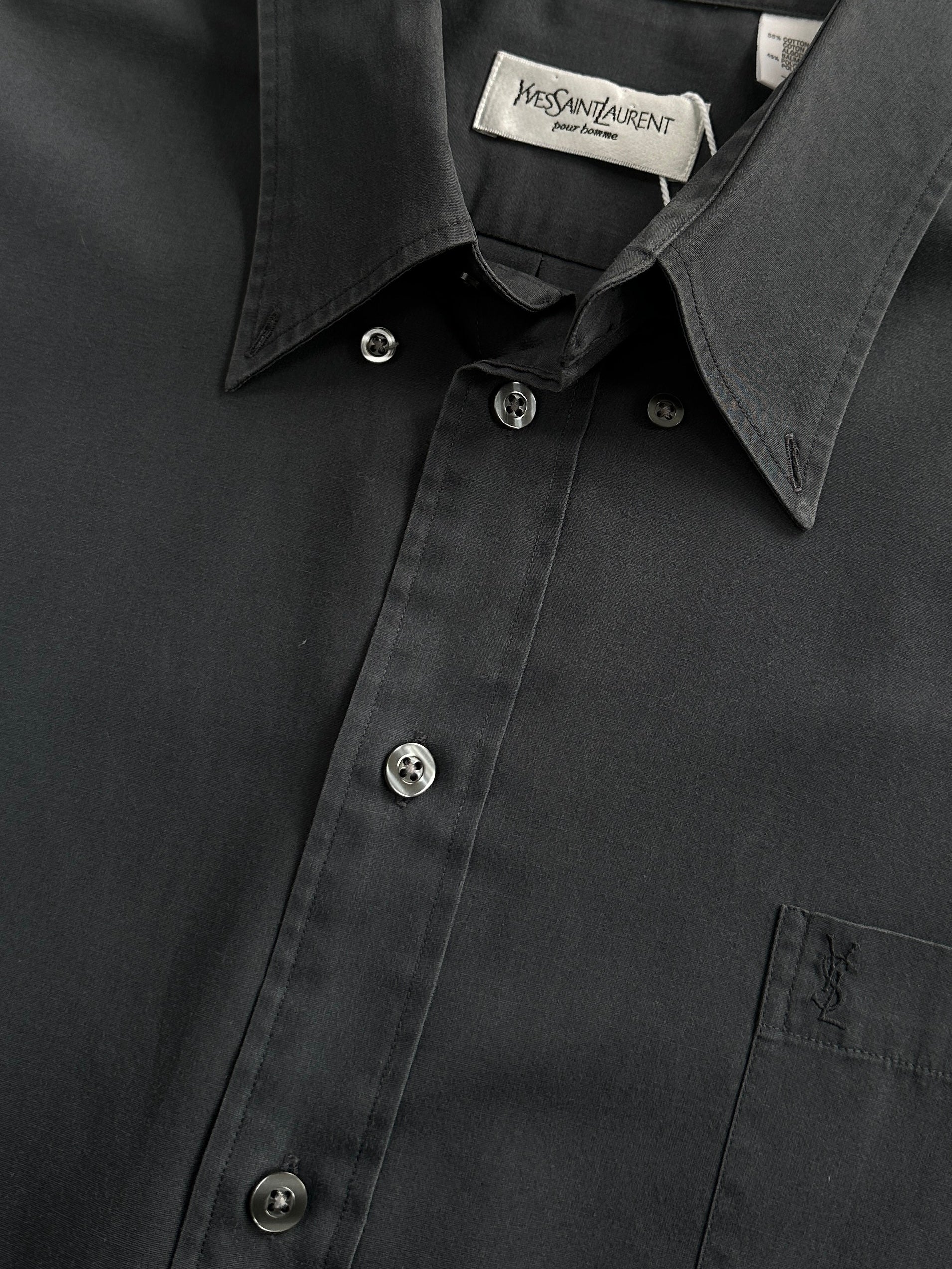 Yves Saint Laurent Pour Homme 1990s cotton logo shirt in size L/XL, featuring the classic YSL branding and a relaxed fit.