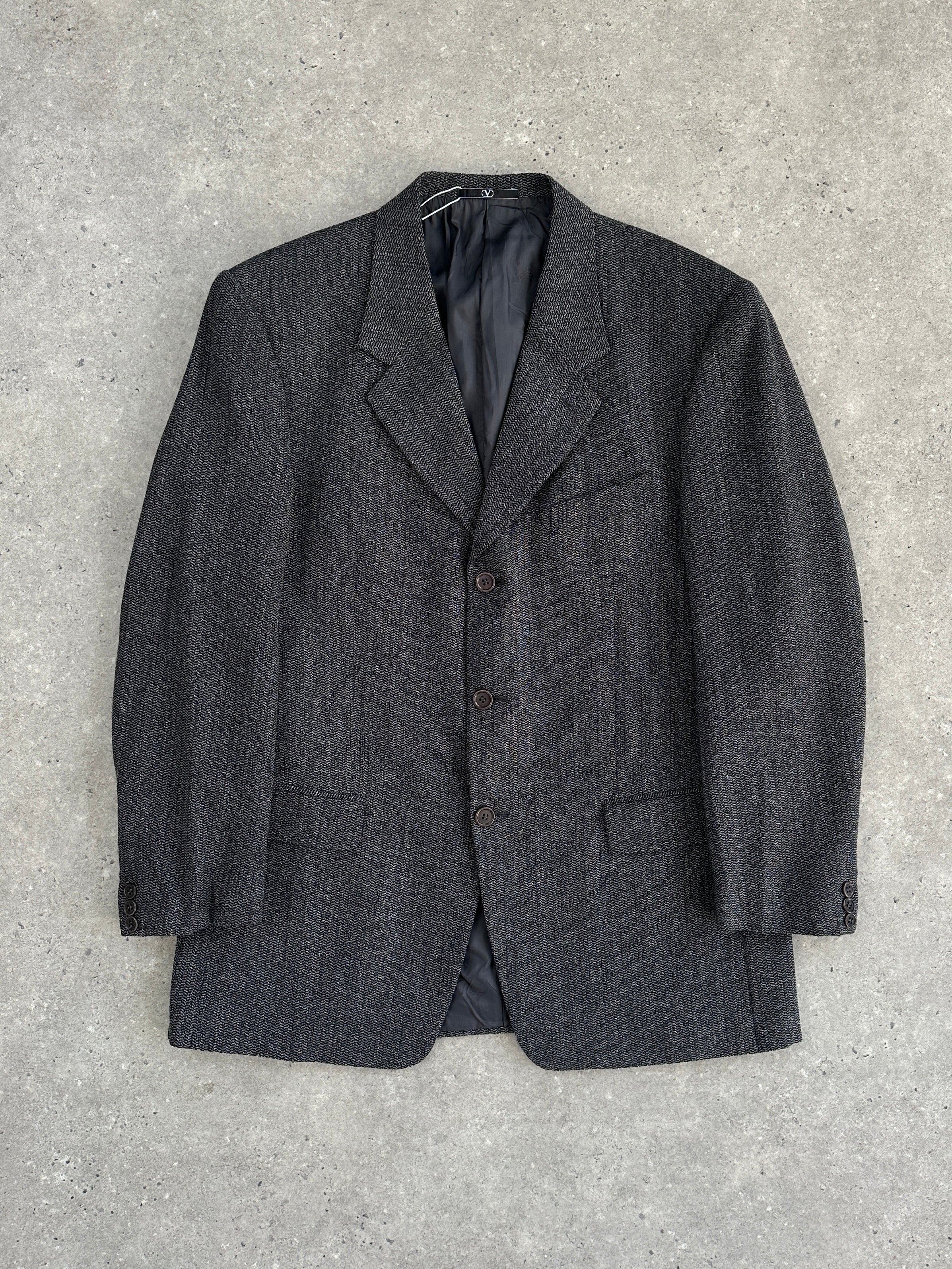 Valentino wool alpaca single-breasted blazer in size 42R/XL, tailored fit with classic lapel and structured design.