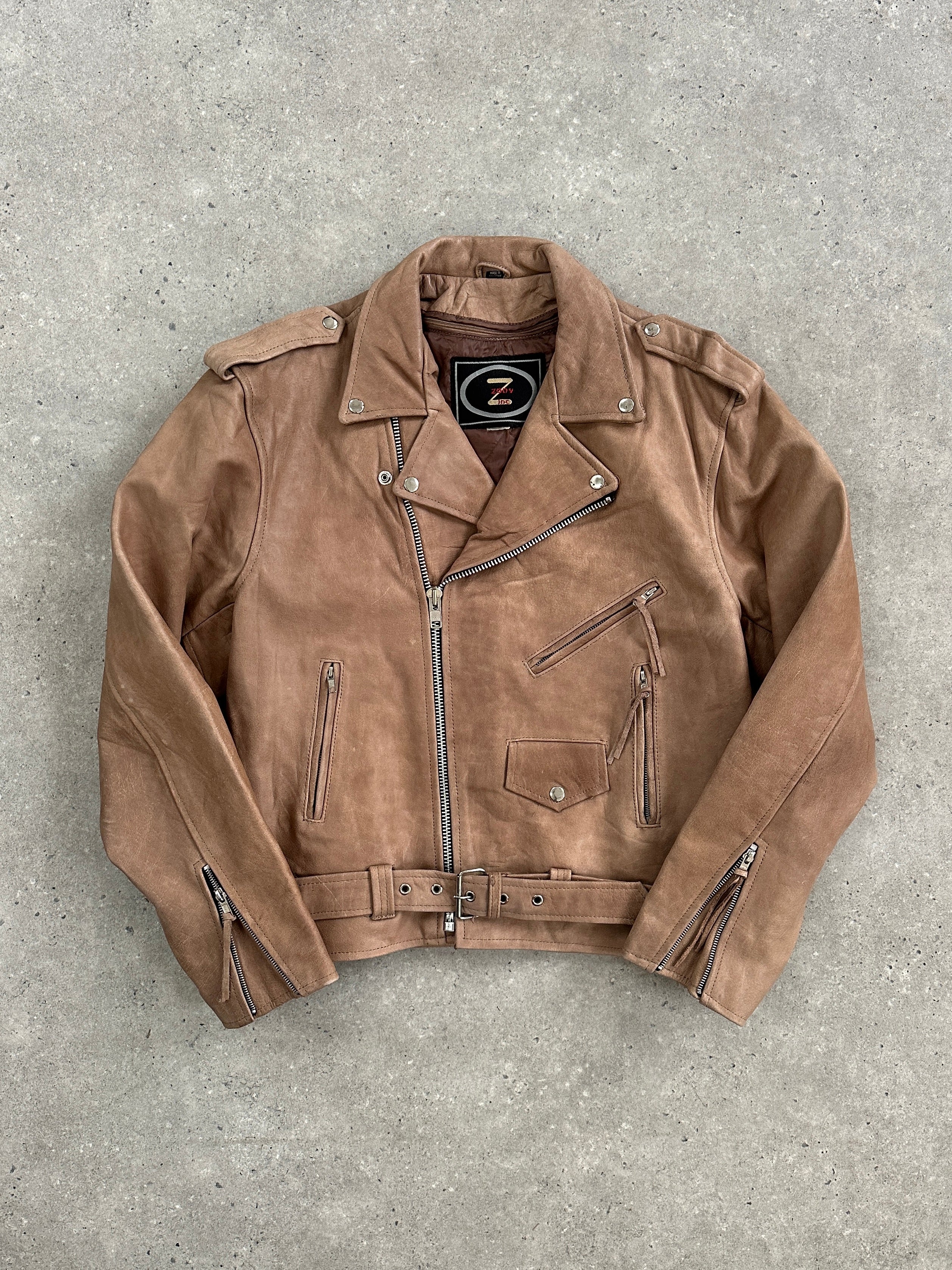 Vintage 1990s leather biker jacket in XL, featuring classic design and rugged style with detailed stitching and metal hardware.