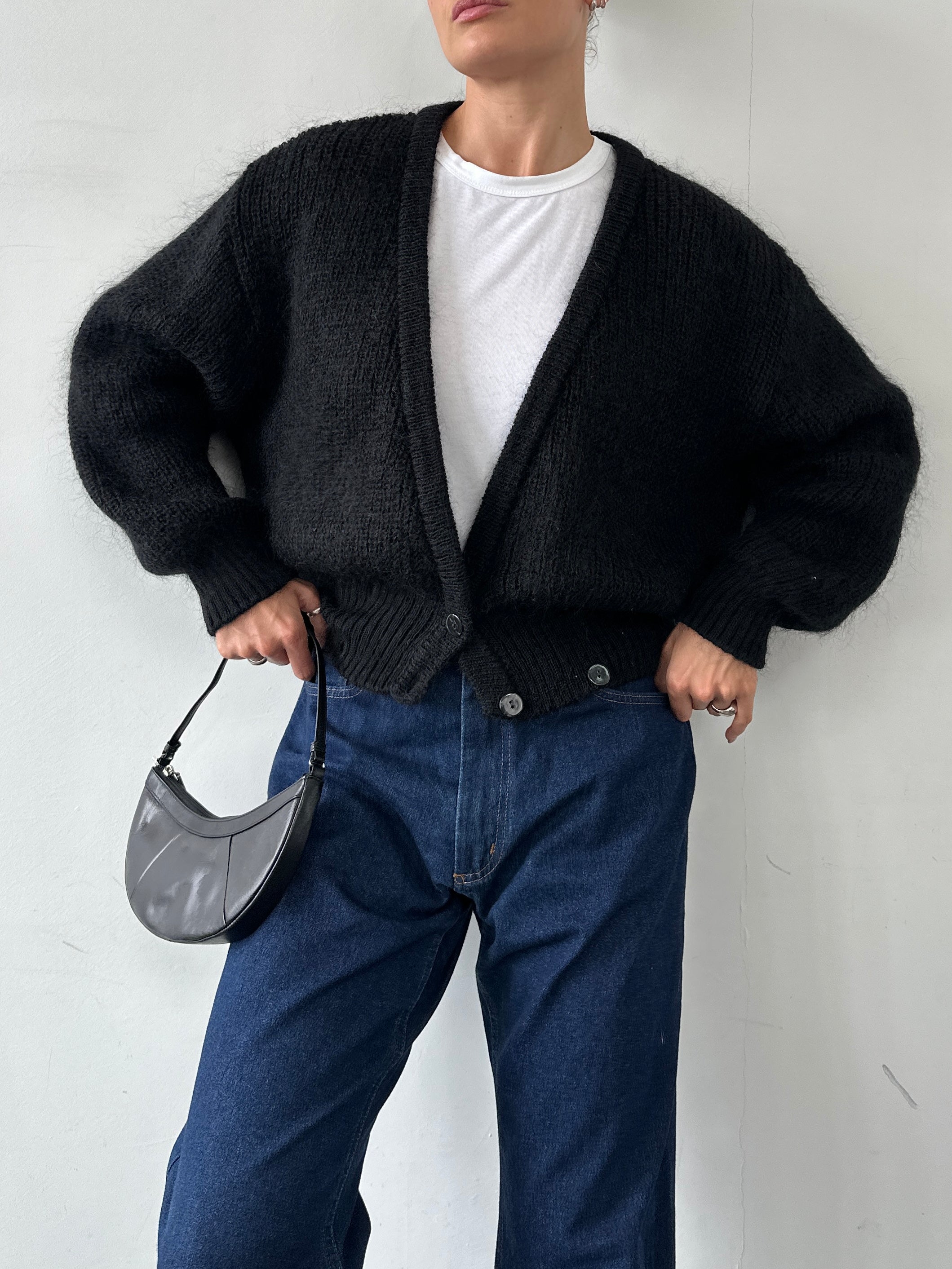 St Michael British 90s mohair double-breasted cardigan in M/L, featuring a soft, textured knit with large buttons and classic design.