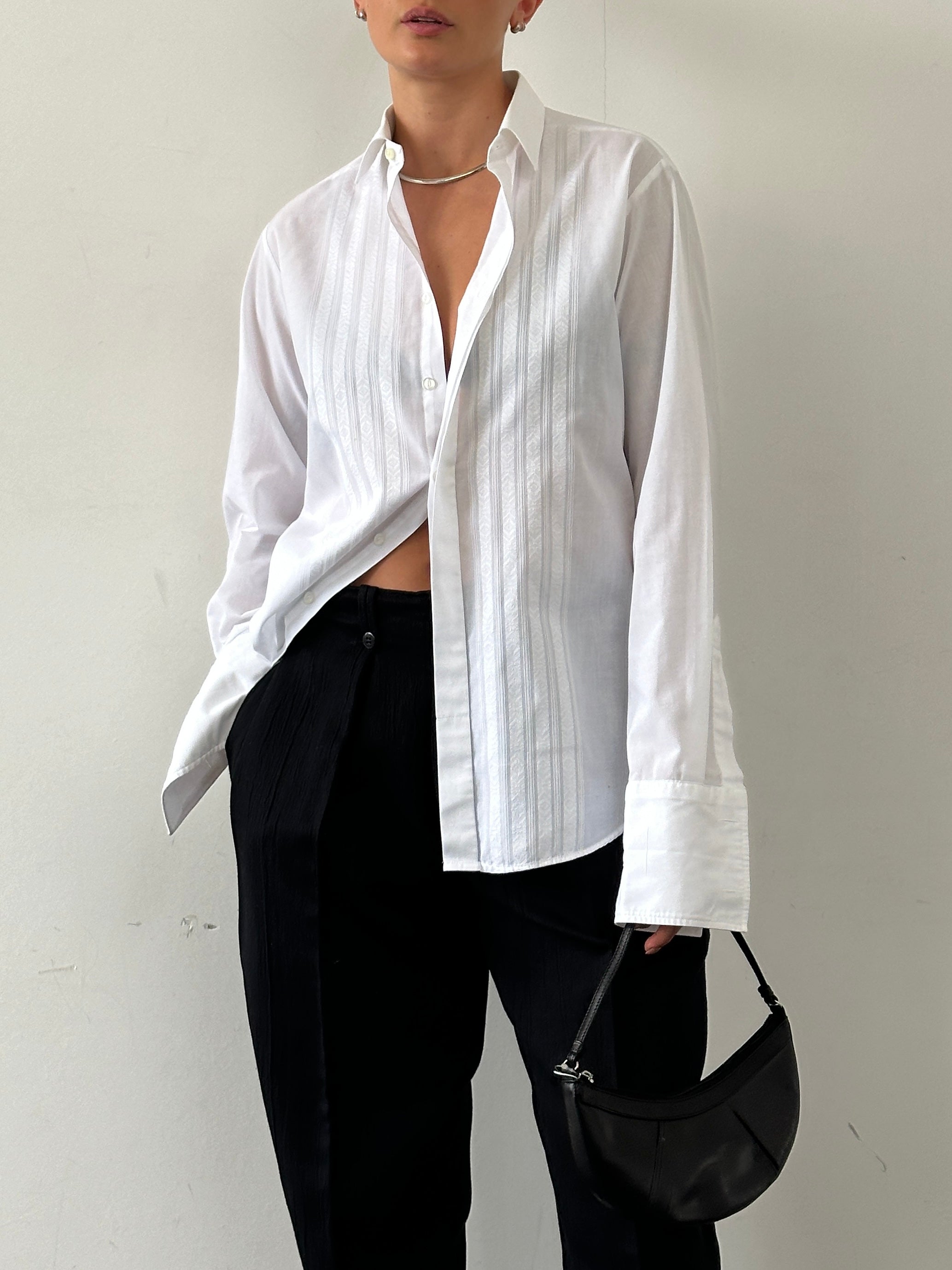 St Michael British circa 90s cotton tuxedo dress shirt, size large, with classic collar and button front, white formal shirt.