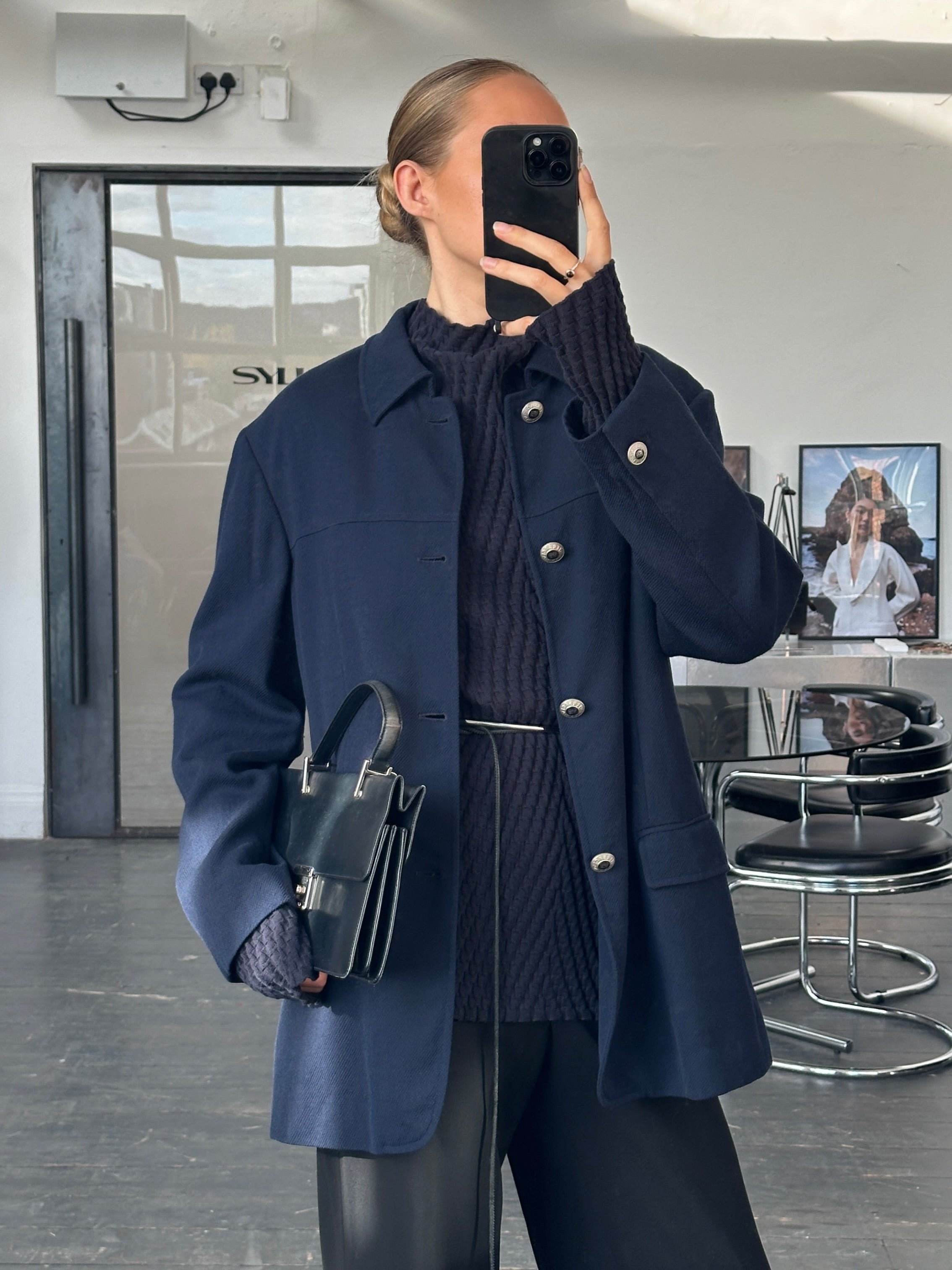 Versace Classic V2 1990s bespoke pure wool chore jacket in size L, featuring a button-front design and tailored fit.