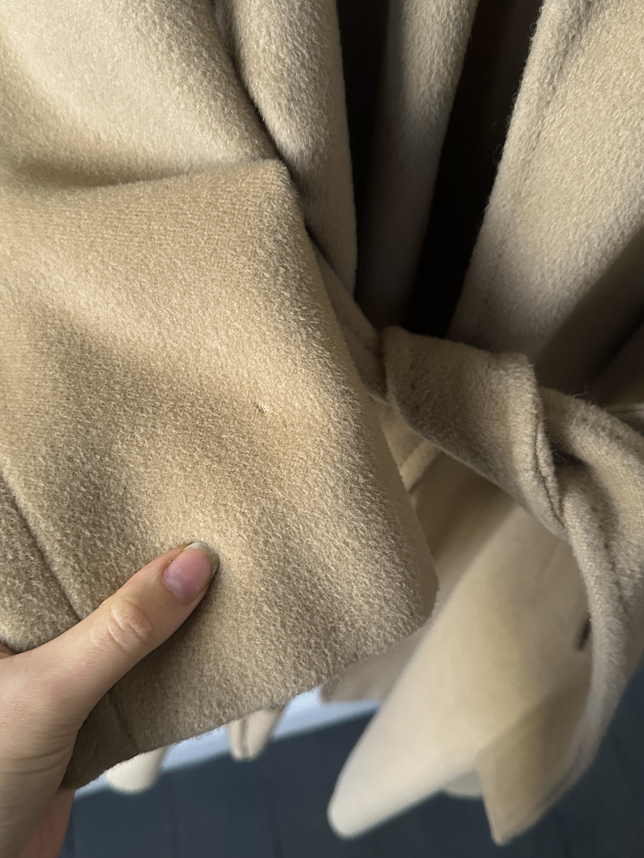 Marella virgin wool cashmere belted wrap coat in neutral color, stylish and cozy, shown on a model.