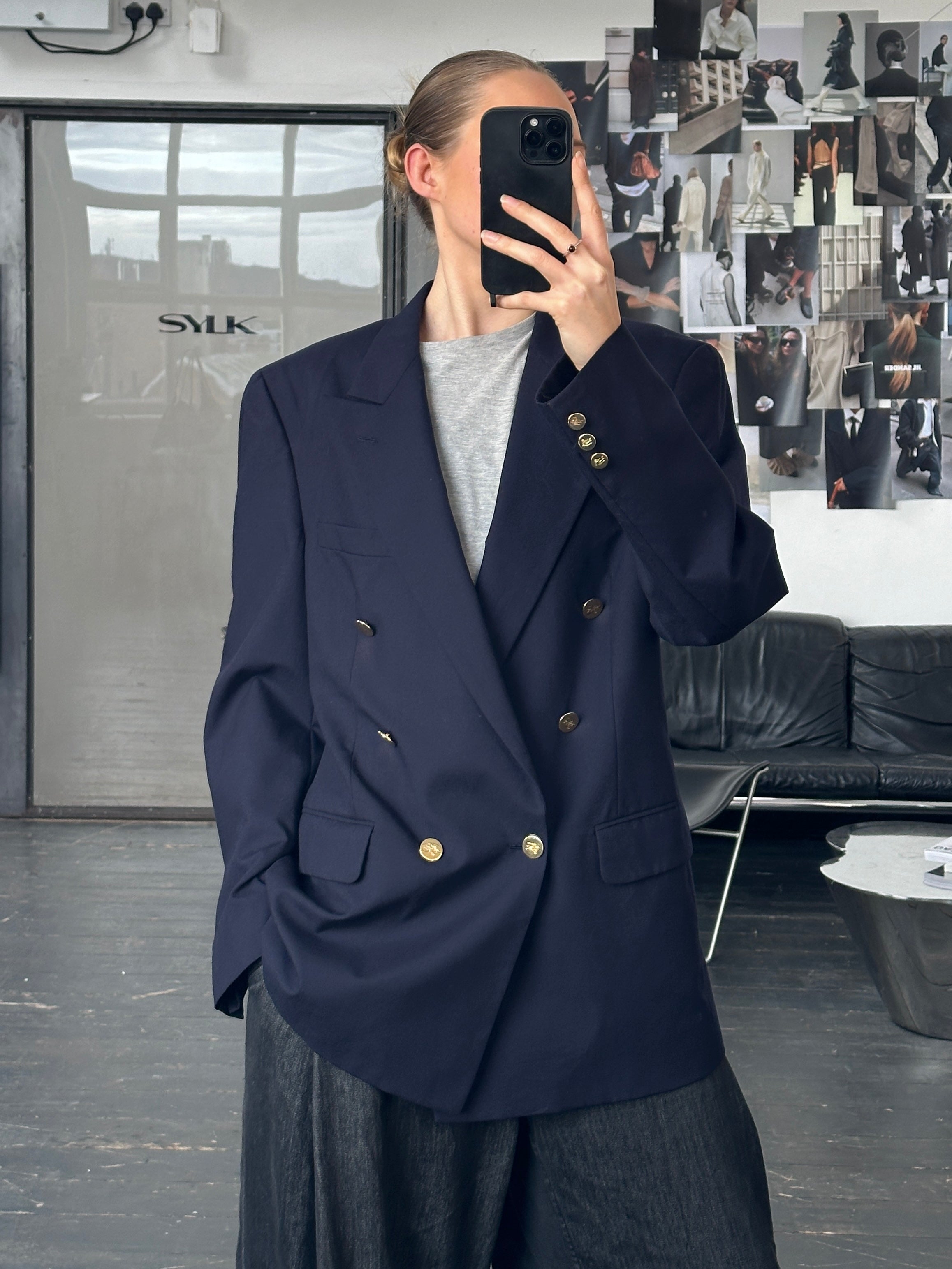 Burberry 1990s double-breasted bespoke pure wool blazer in size 42R/XL, tailored fit, classic check lining, and stylish lapel.