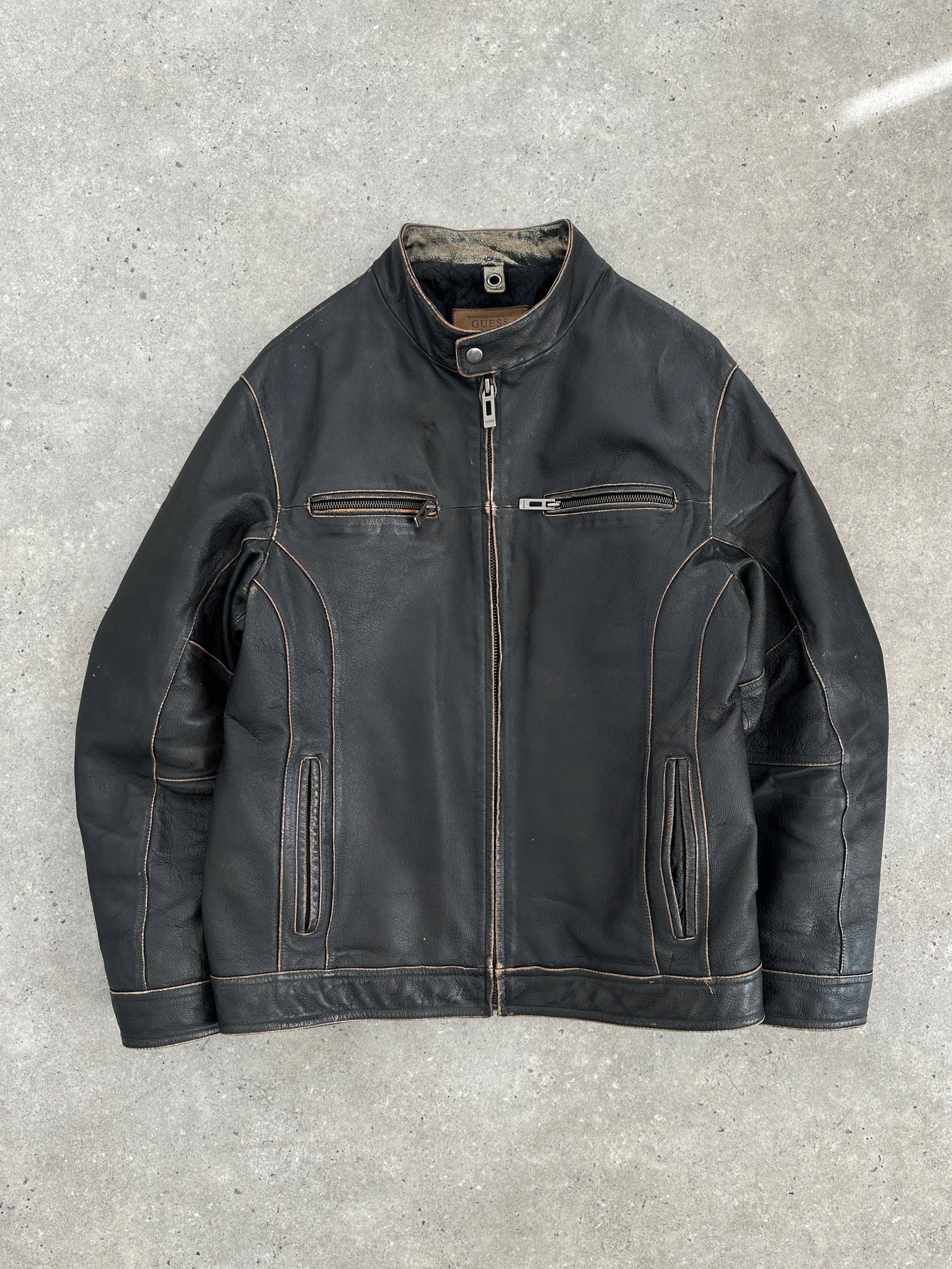 Guess distressed moto leather jacket in size L, featuring a stylish distressed design and classic motorcycle style.