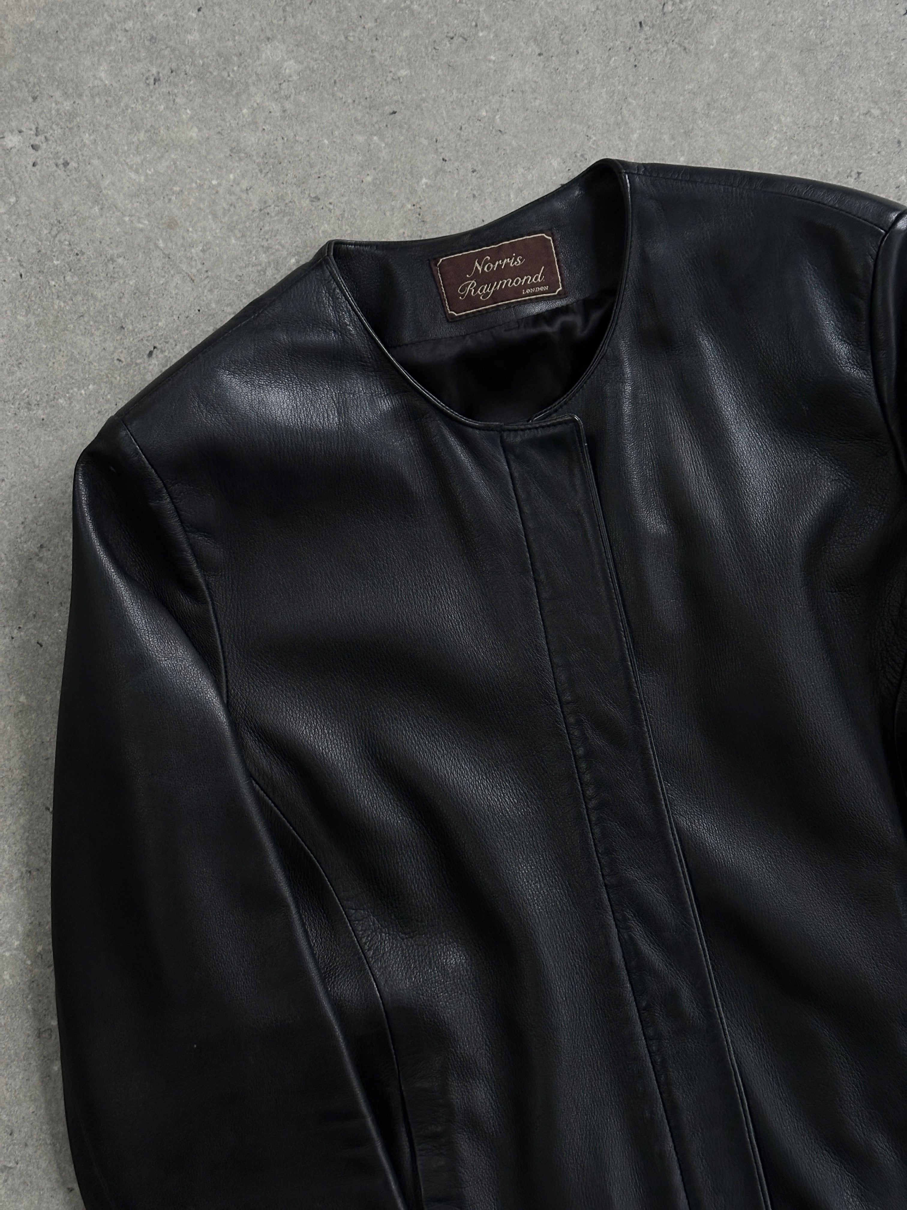 Vintage 1990s round neck leather jacket, minimal style in black, featuring smooth leather and classic design, size M.
