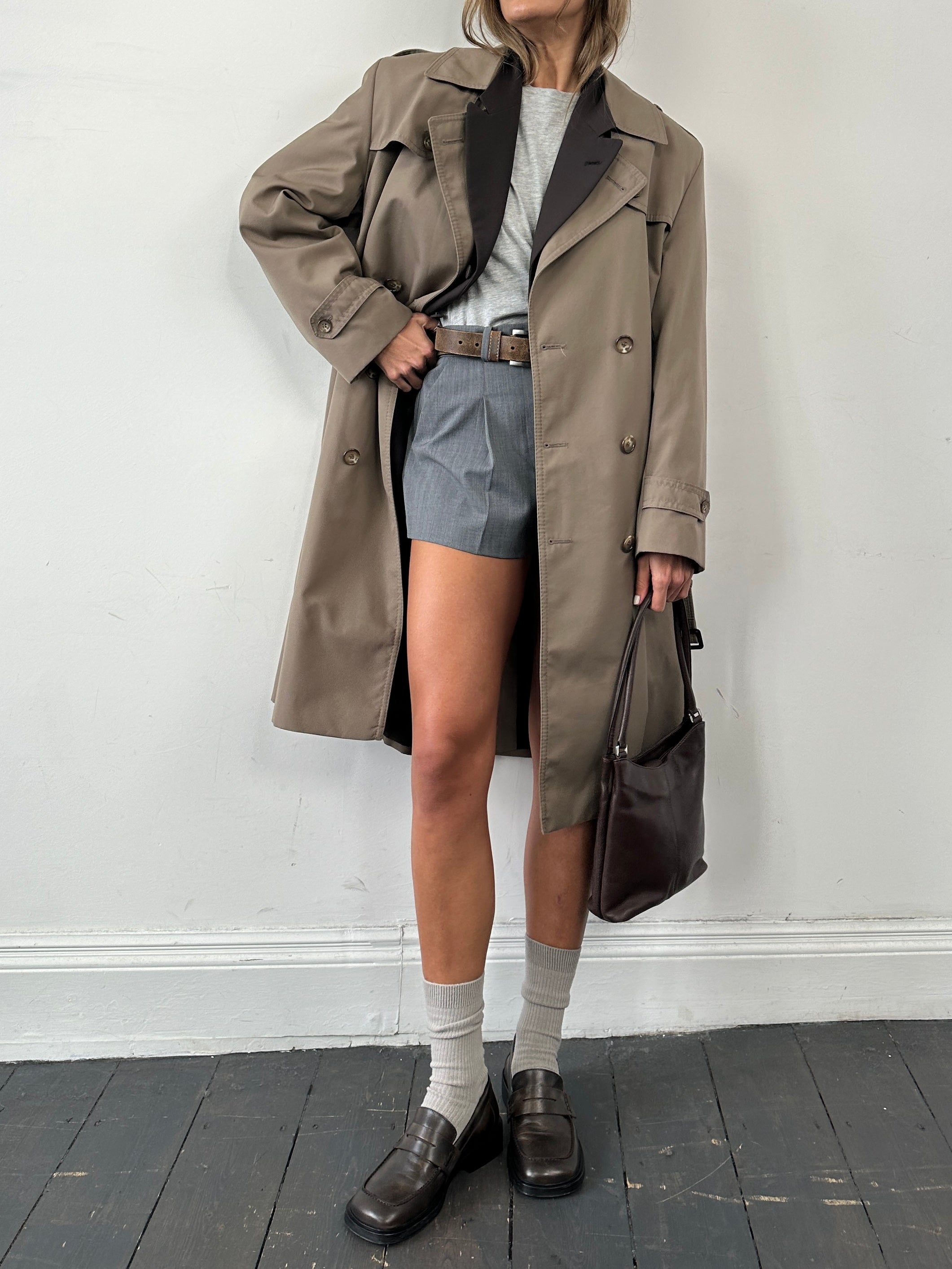 St Michael cotton double-breasted belted trench coat in size L/XL, shown in a classic beige color, with lapels and side pockets.