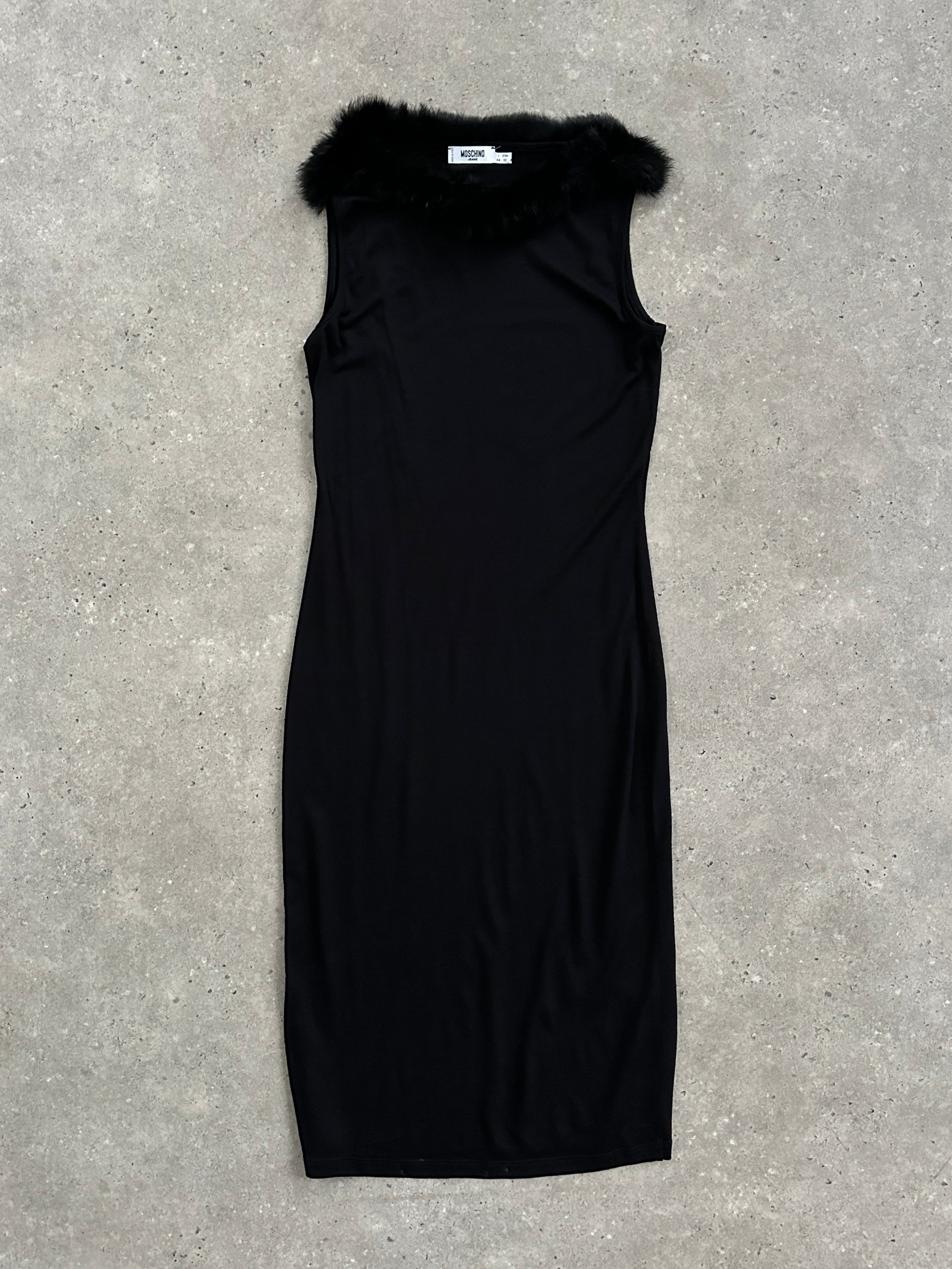 Moschino 1990s feather-trim boat neck midi dress in black, featuring a sleek silhouette and elegant feather details.