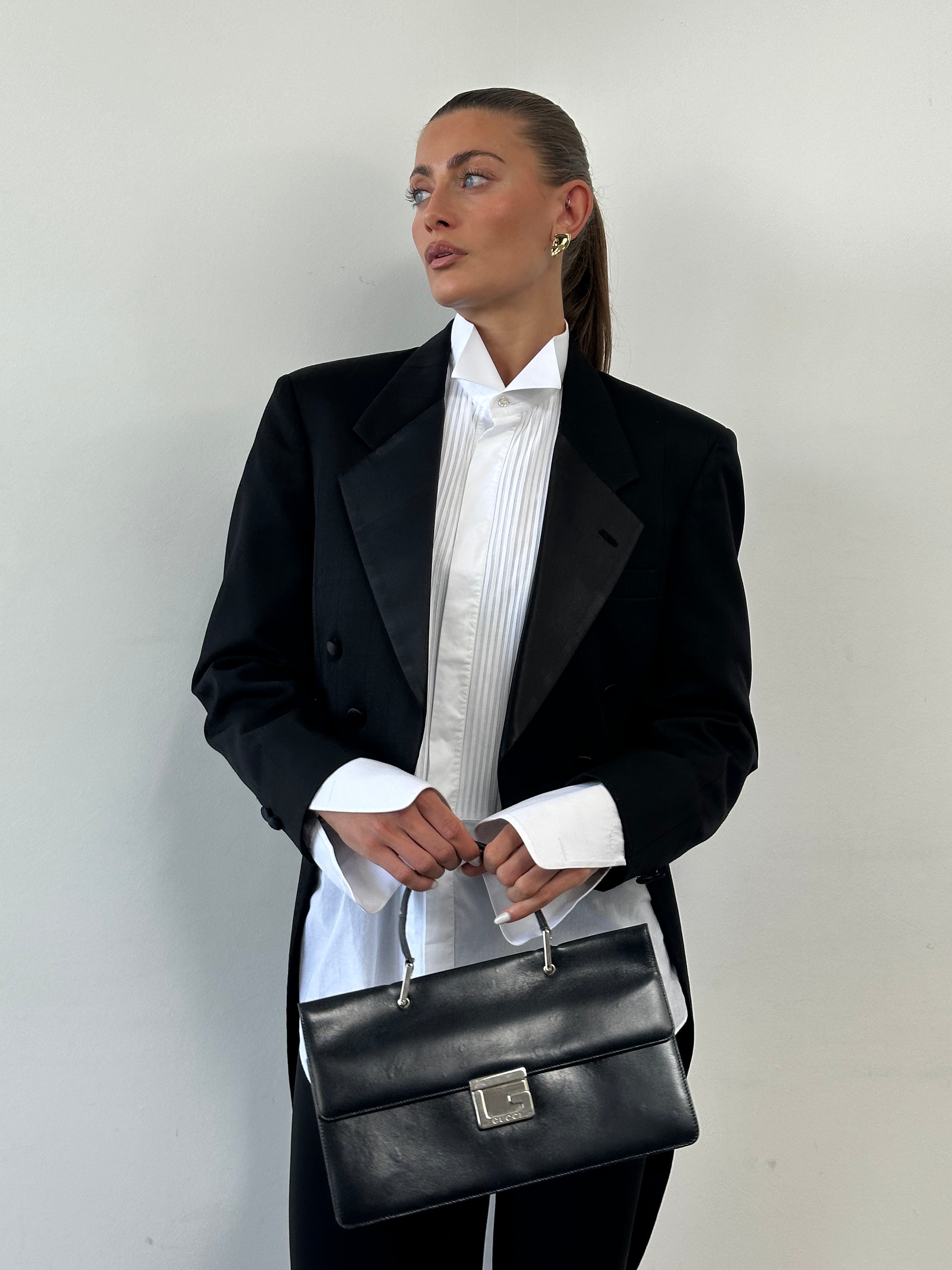 Christian Dior Monsieur 80s double-breasted tuxedo tailcoat blazer, tailored fit, black fabric, classic formal men's blazer.