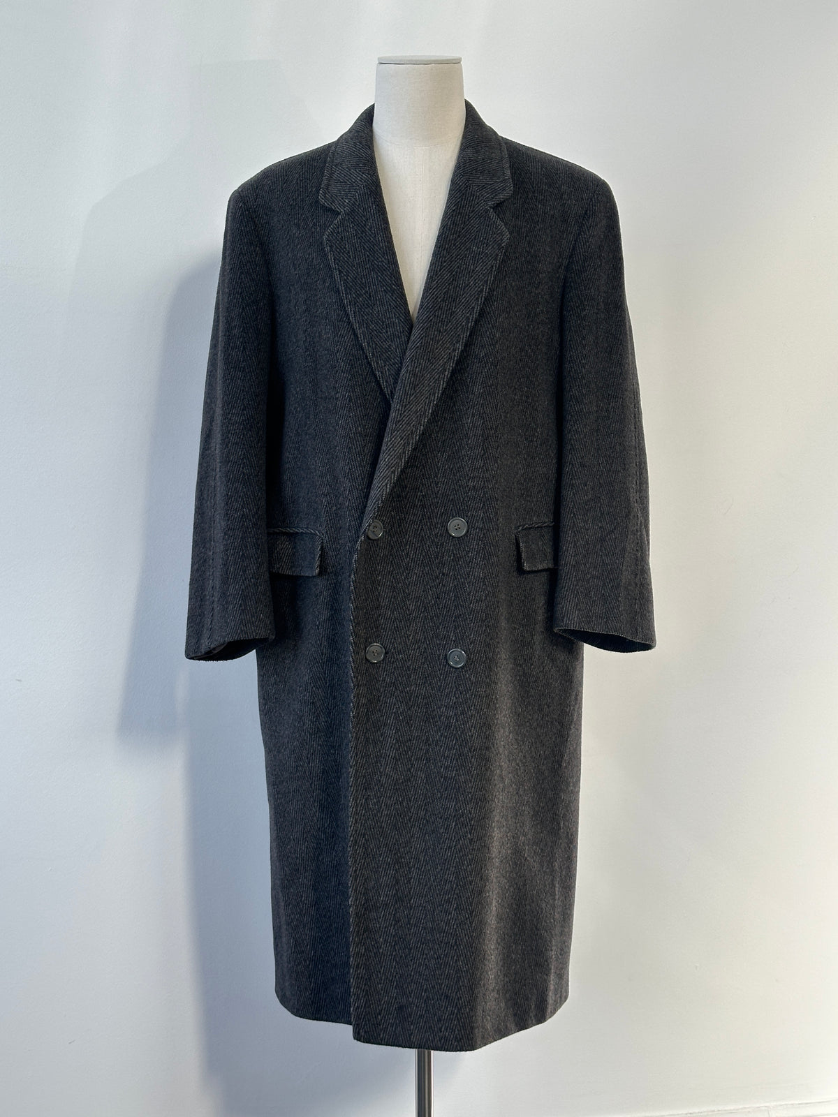 Vintage 1990s Wool Cashmere Herringbone Double Breasted Coat - XL