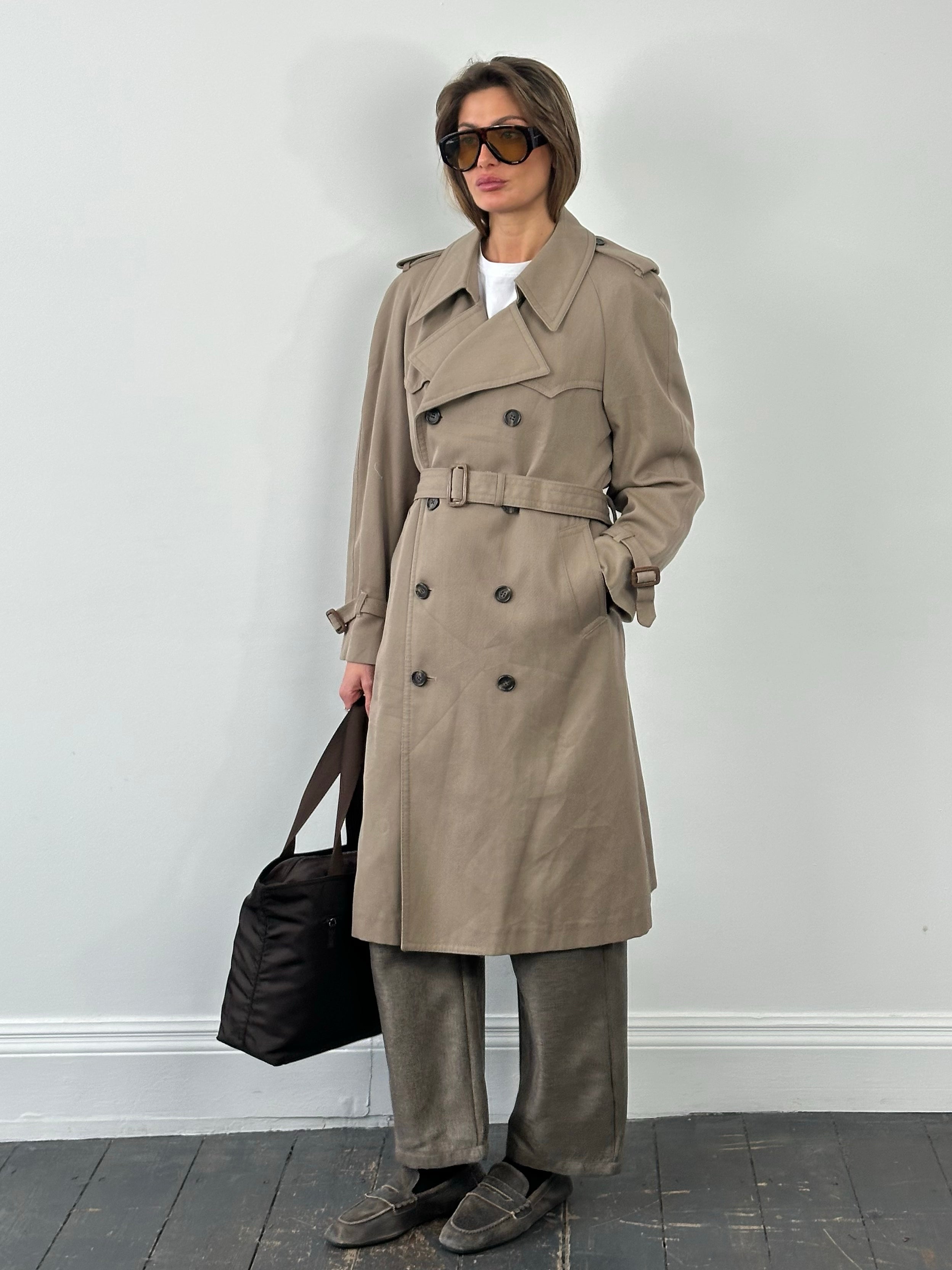 London Fog 1980s Wool Double Breated Belted Trench - L