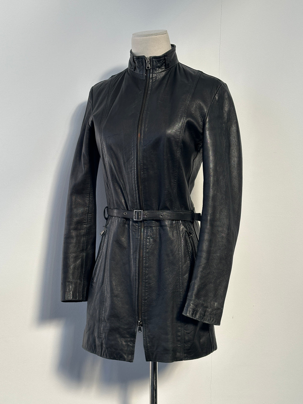 Italian Vintage 1990s Double Zip Belted Leather Jacket - XS