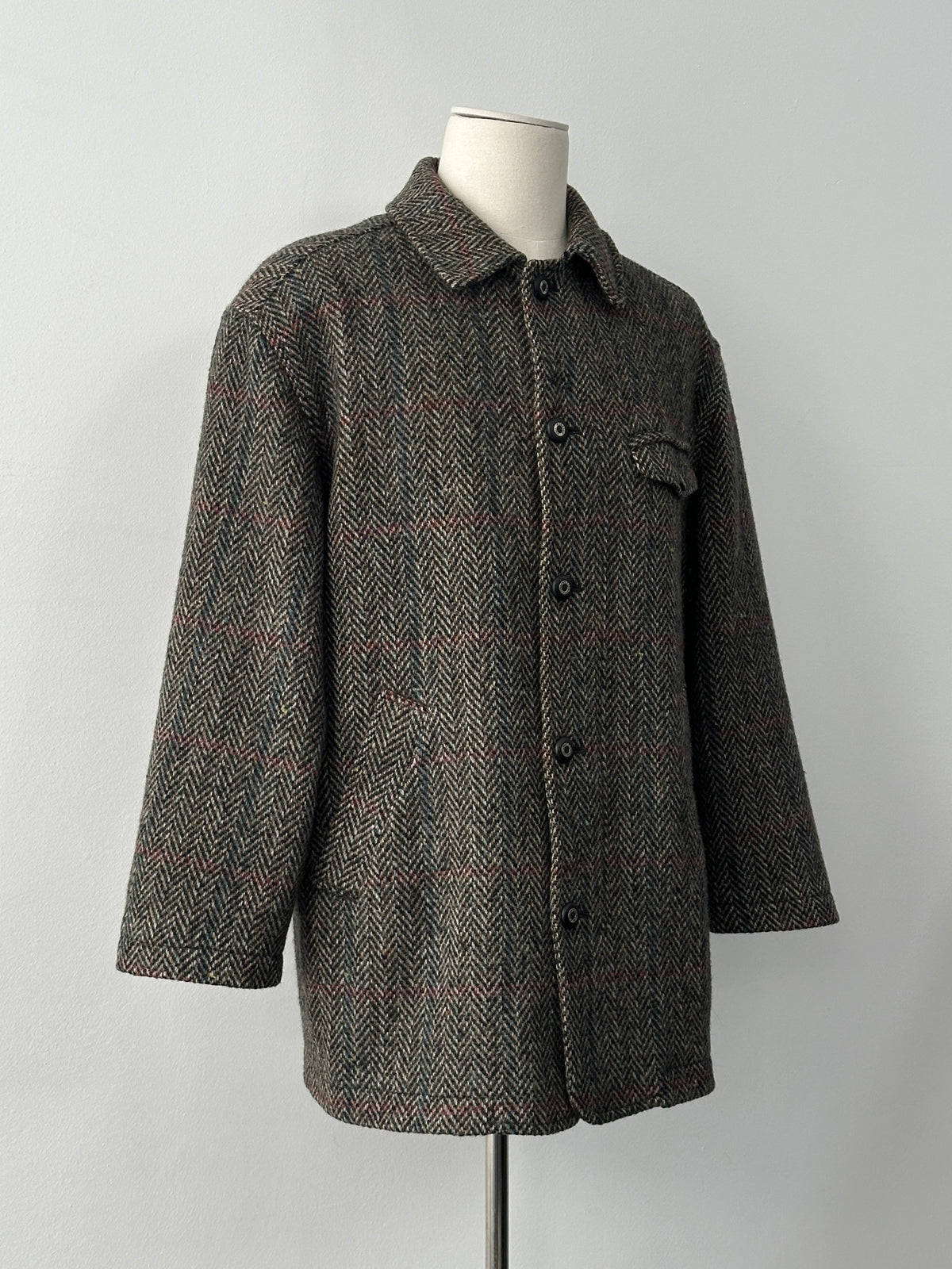 Italian Vintage 1980s Pure Wool Herringbone Coat - L