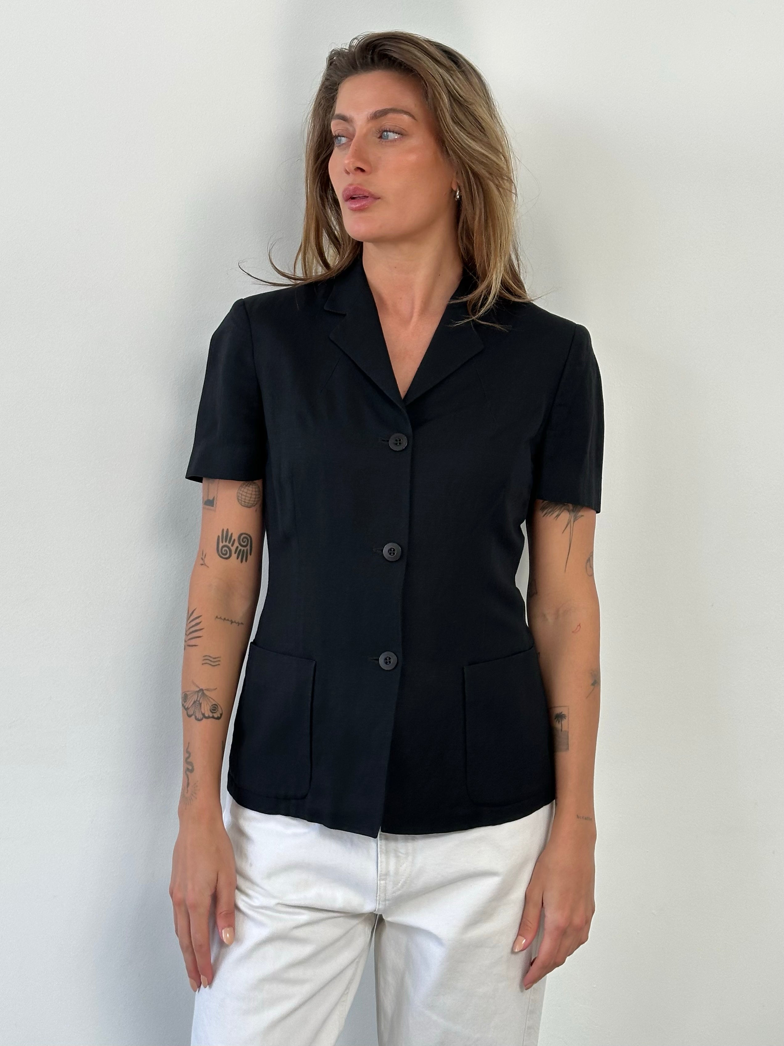 Marella 1990s Linen Short Sleeve Fitted Blazer - M
