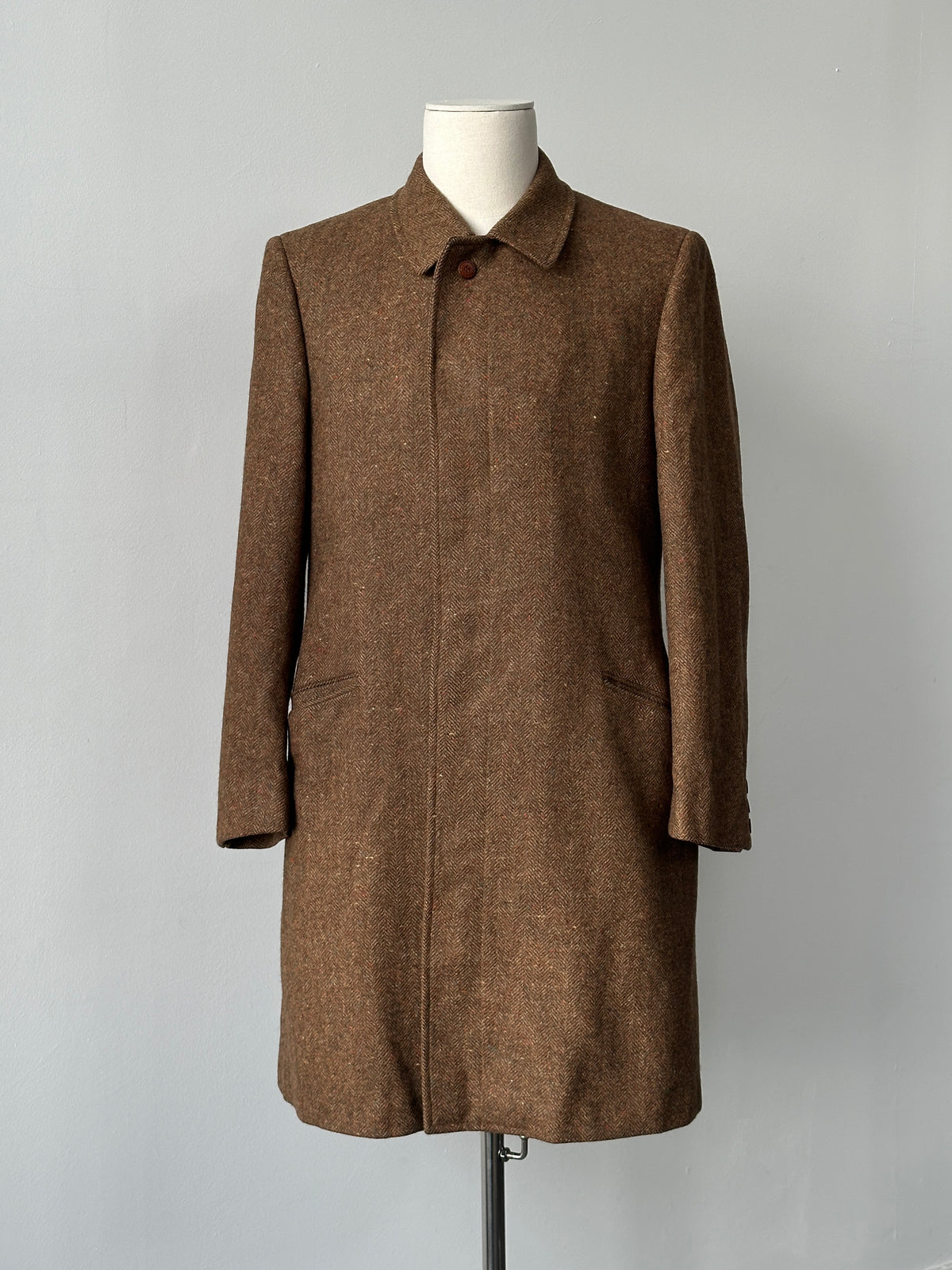 Italian Vintage 1980s Pure Virgin Wool Single Breasted Herringbone Coat - M