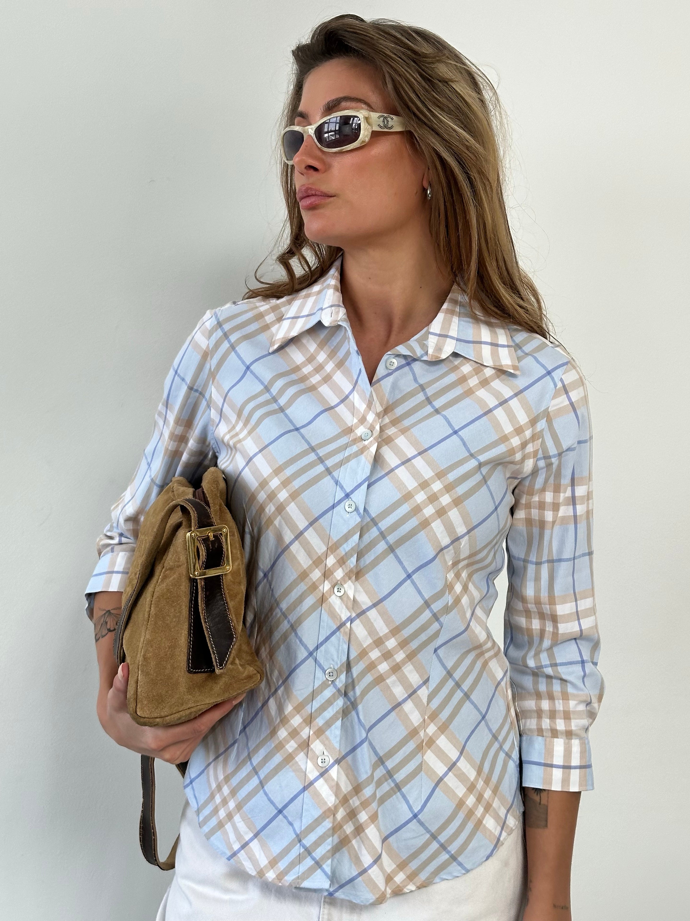 Burberry London 2000s cotton check shirt in size S with classic plaid pattern, button-up front, and collar.