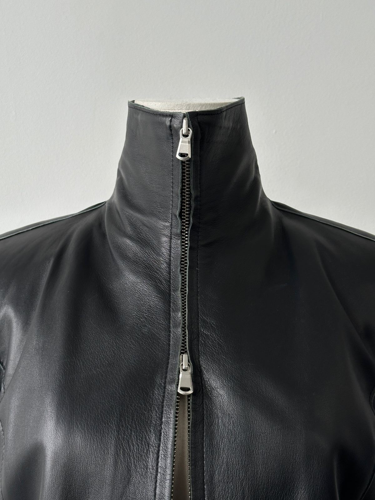 Vintage 1990s High Neck Double Zip Leather Jacket - S