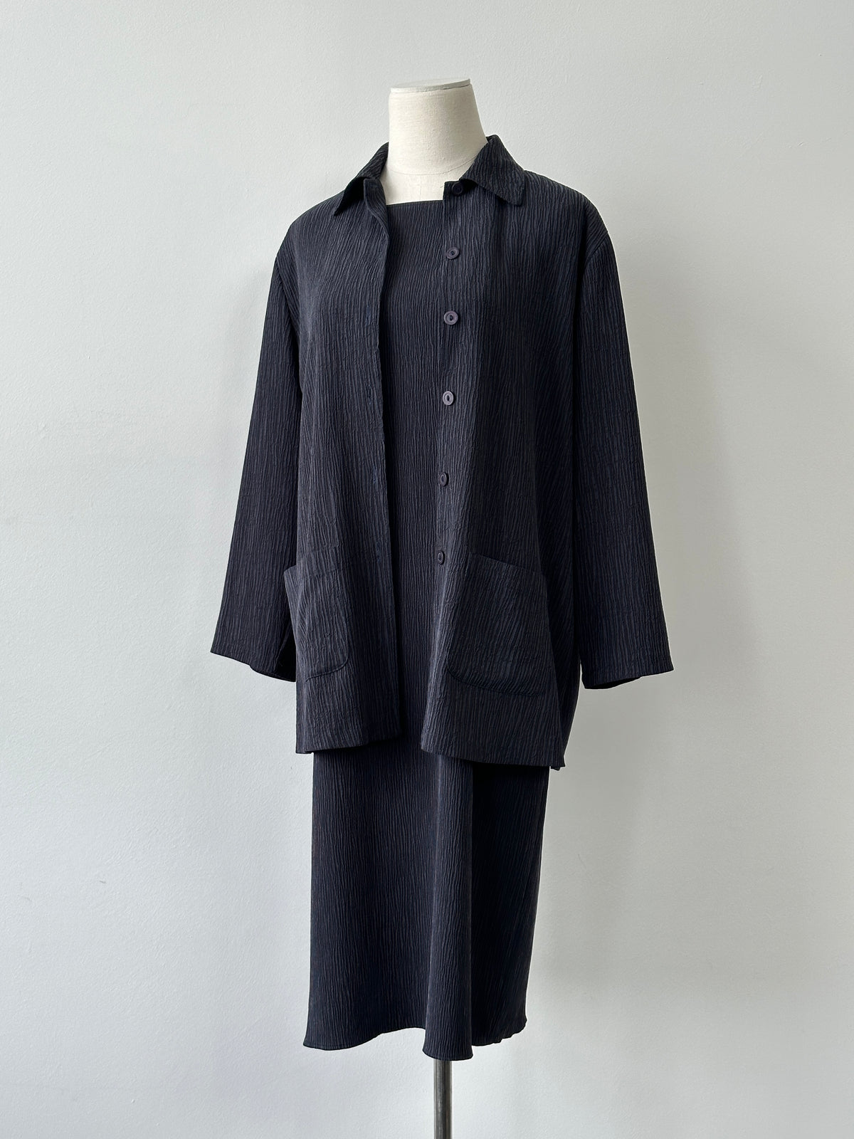 St Michael 1990s cupro textured two-piece set, size large, displayed flat with top and skirt laid out on a white background.