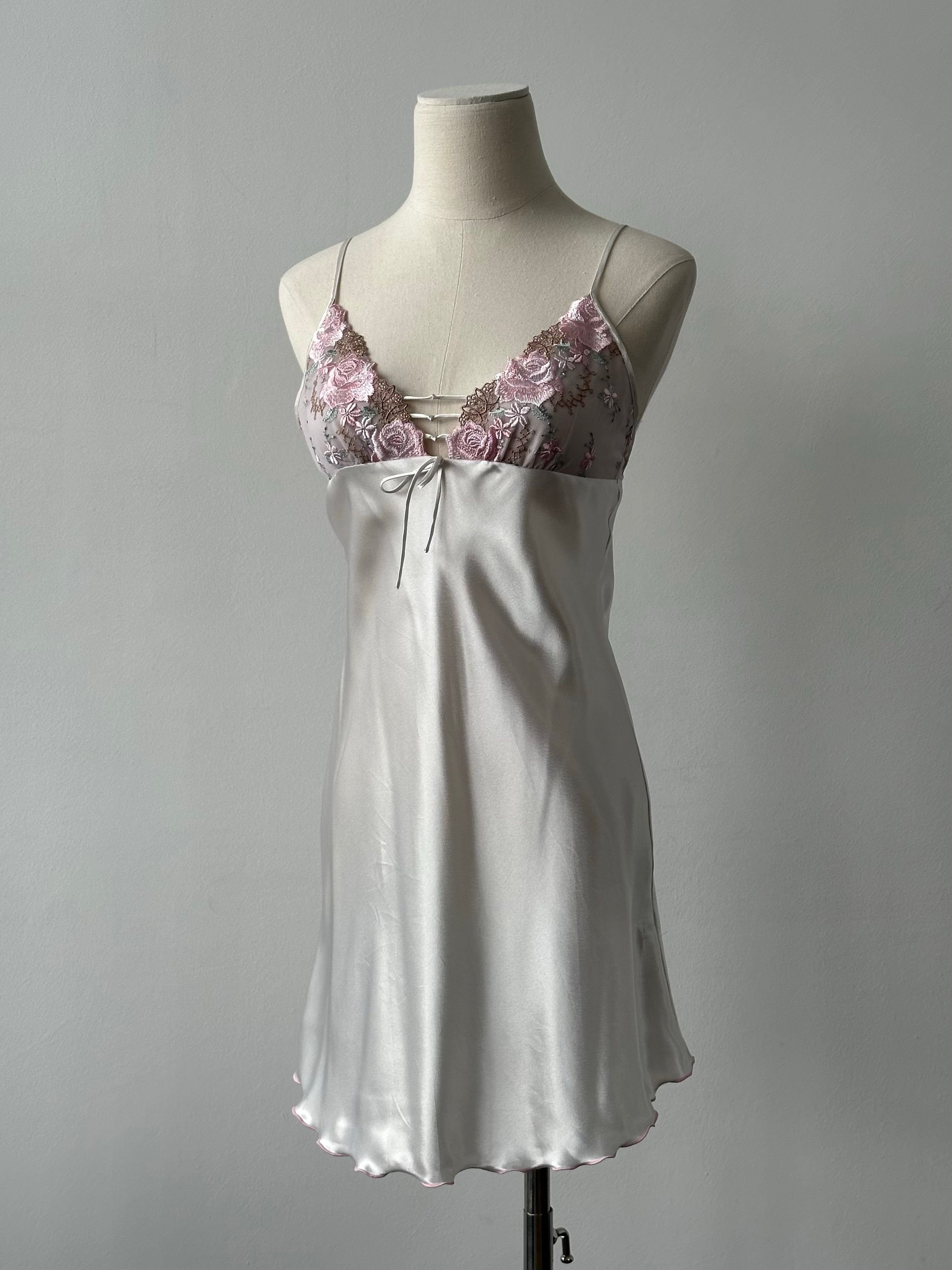 Vintage 2000s satin floral lace mini slip dress in XS, featuring delicate floral lace details and a sleek satin finish.