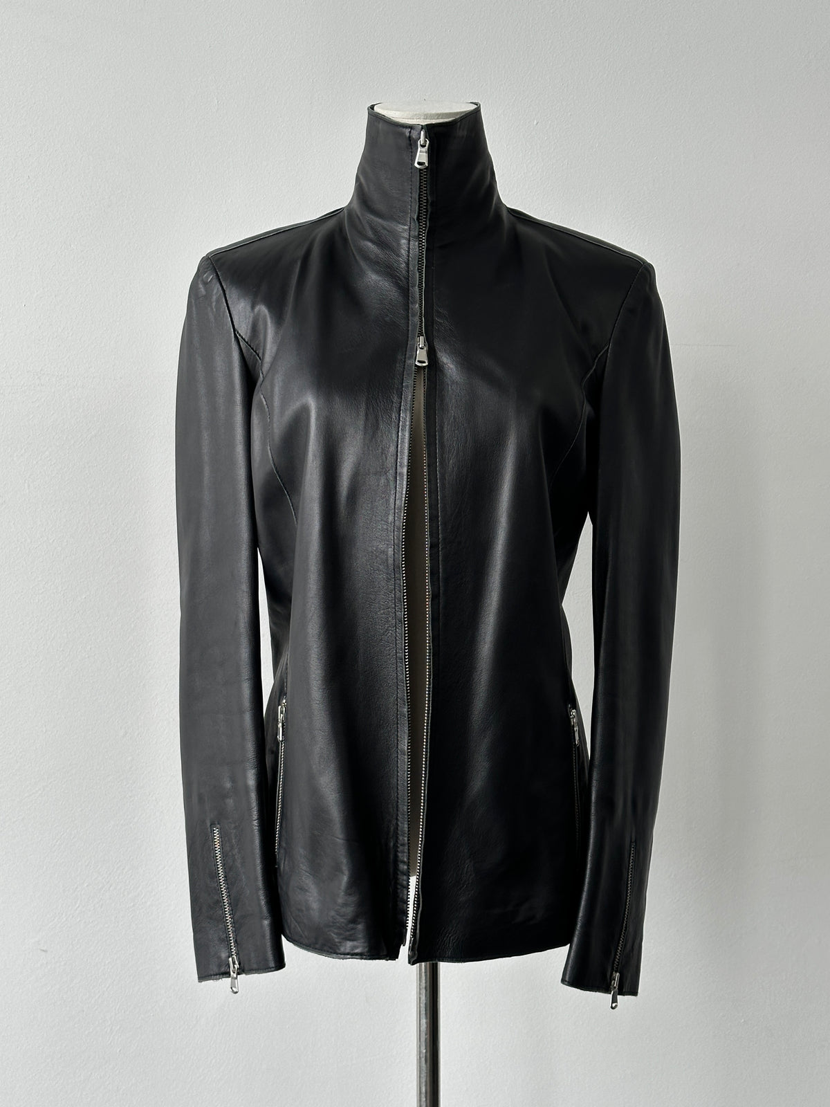 Vintage 1990s High Neck Double Zip Leather Jacket - S
