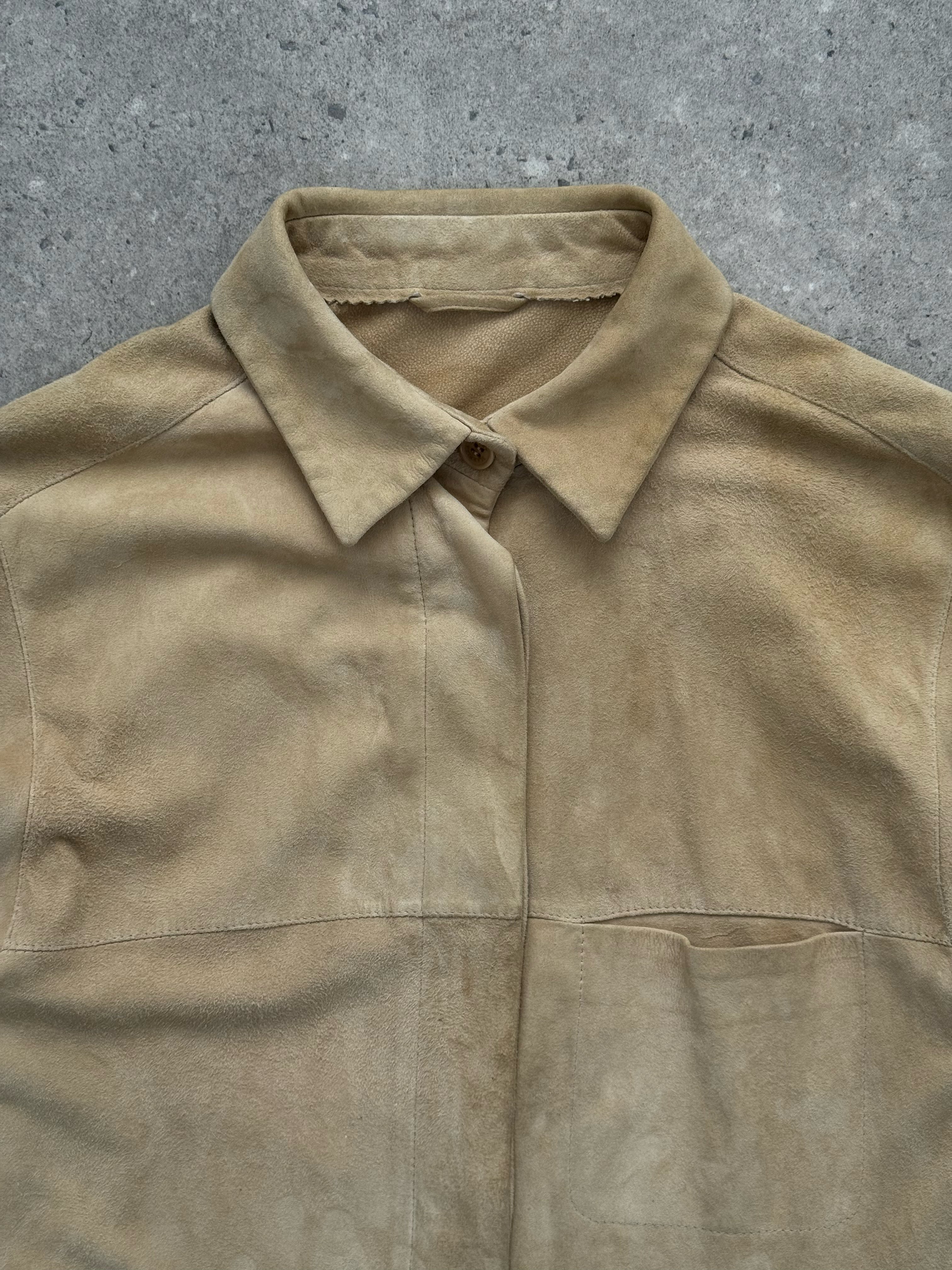 Marella 1990s suede minimal shirt in beige, short-sleeve design with a classic collar and button-front closure.