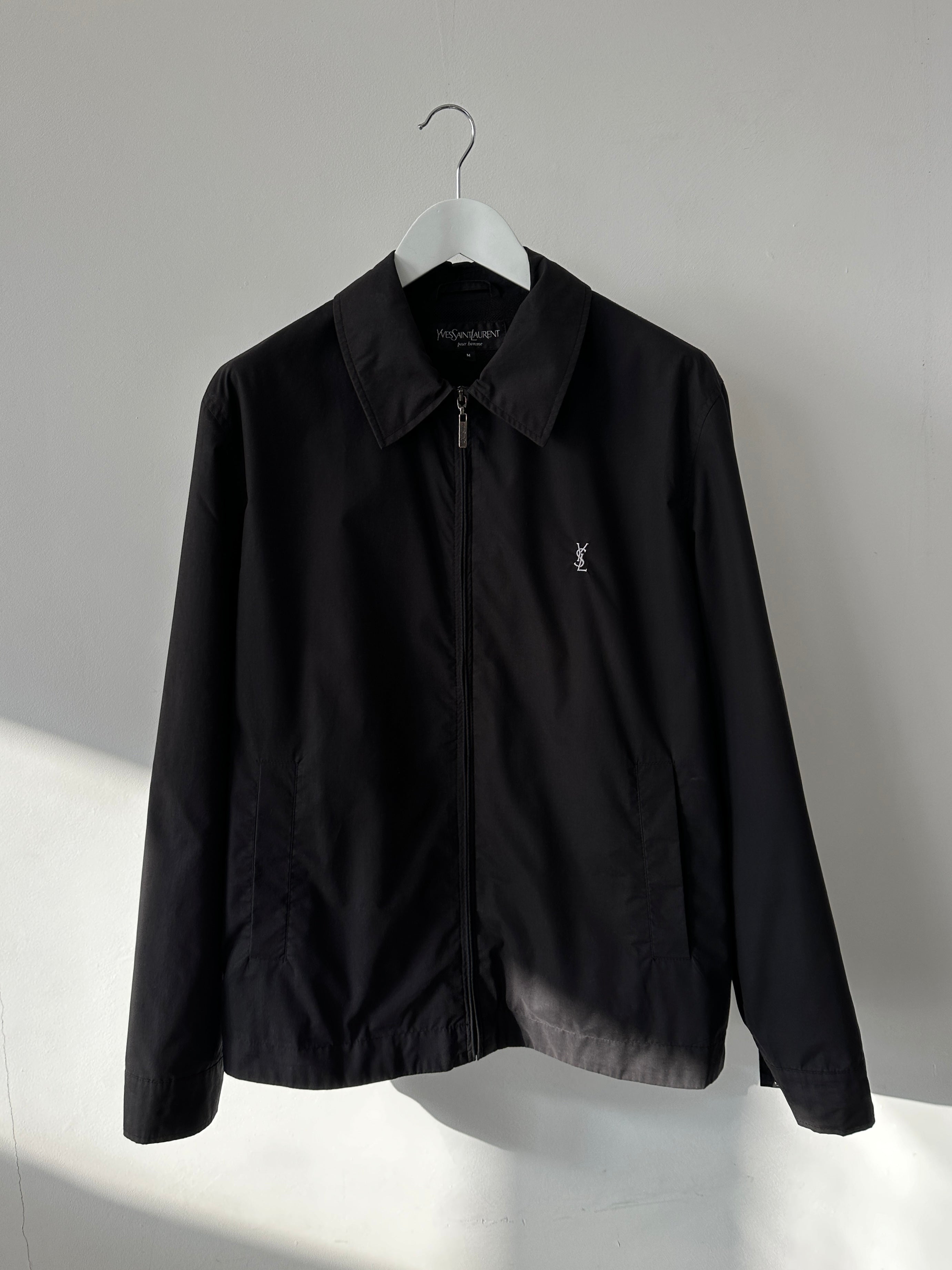 Yves Saint Laurent Pour Homme cotton logo bomber jacket in size M, navy with YSL branding, front view showing details