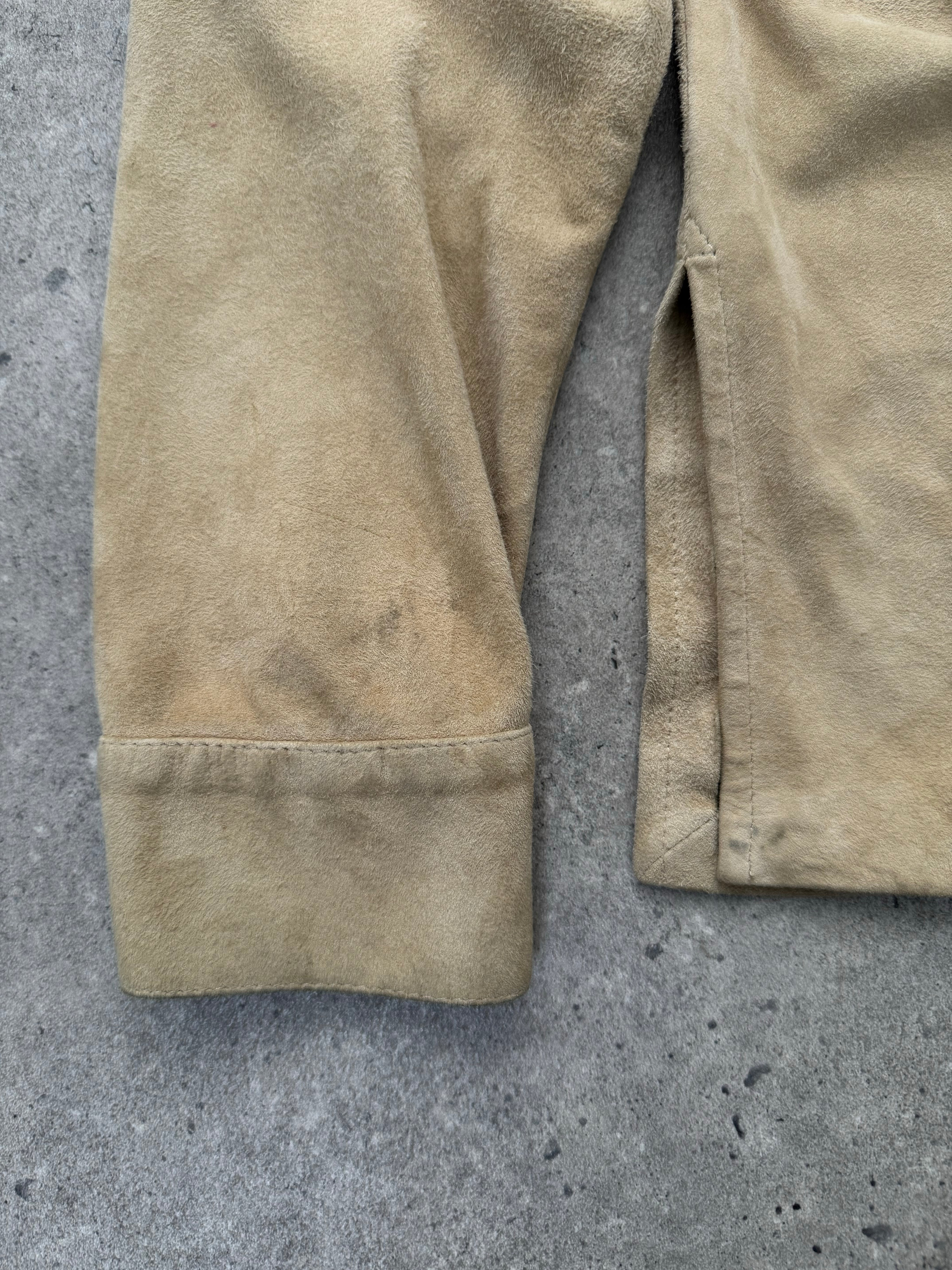 Marella 1990s suede minimal shirt in taupe color, casual fit, long sleeves, and classic collar, displayed on a hanger.
