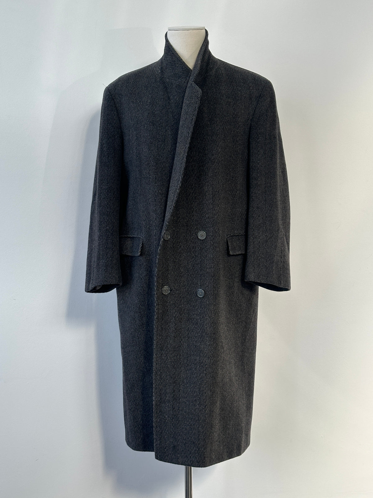 Vintage 1990s Wool Cashmere Herringbone Double Breasted Coat - XL